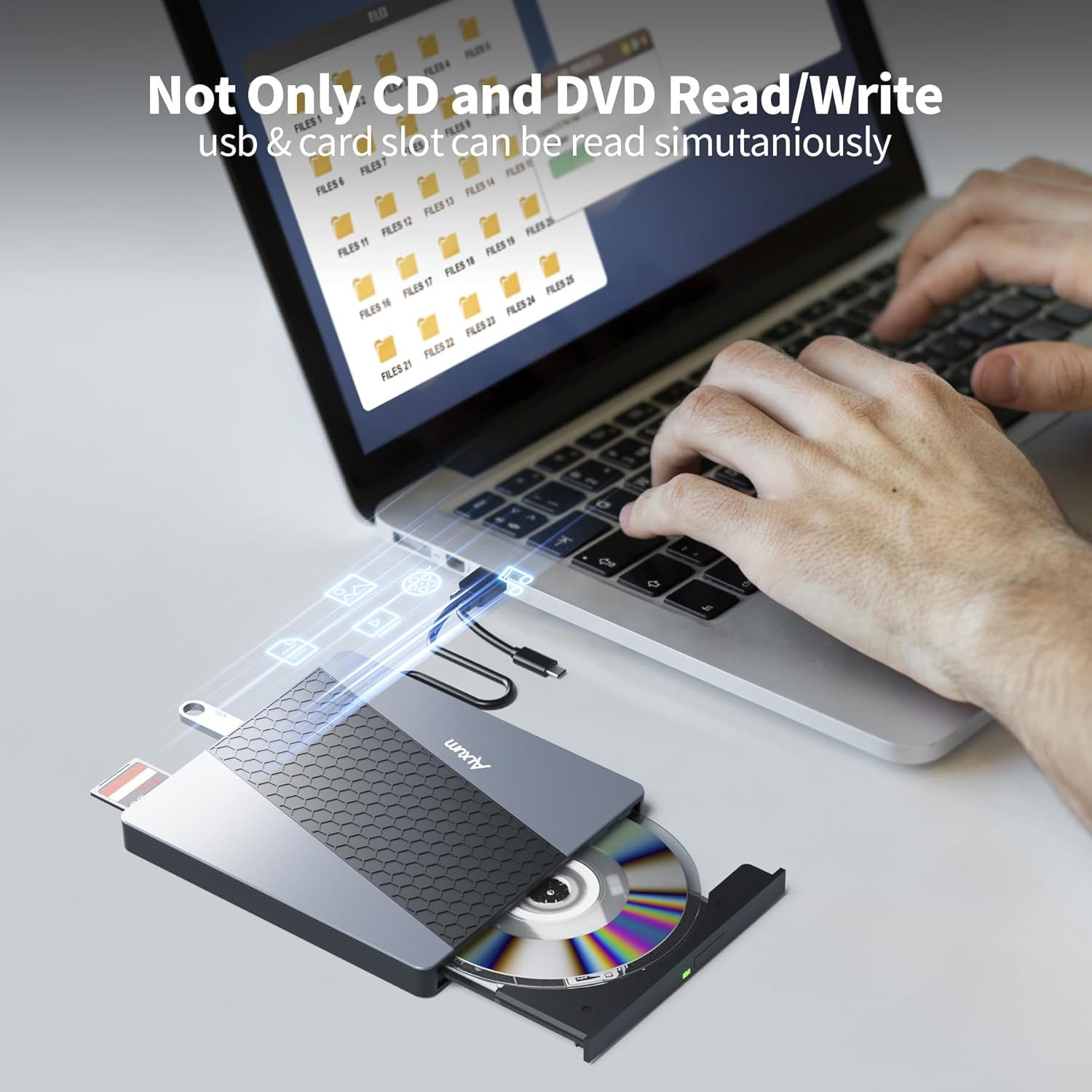 Alxum DVD Drives for Laptop - USB 3.0 & Type-C CD/DVD RW ROM Burner Rewriter with SD/TF Slot & USB Ports DVD 8X CD 24X Slim Optical Disc Drive DVD Player for Desktop/Windows/Linux/Vista/Imac/Macbook image number 5