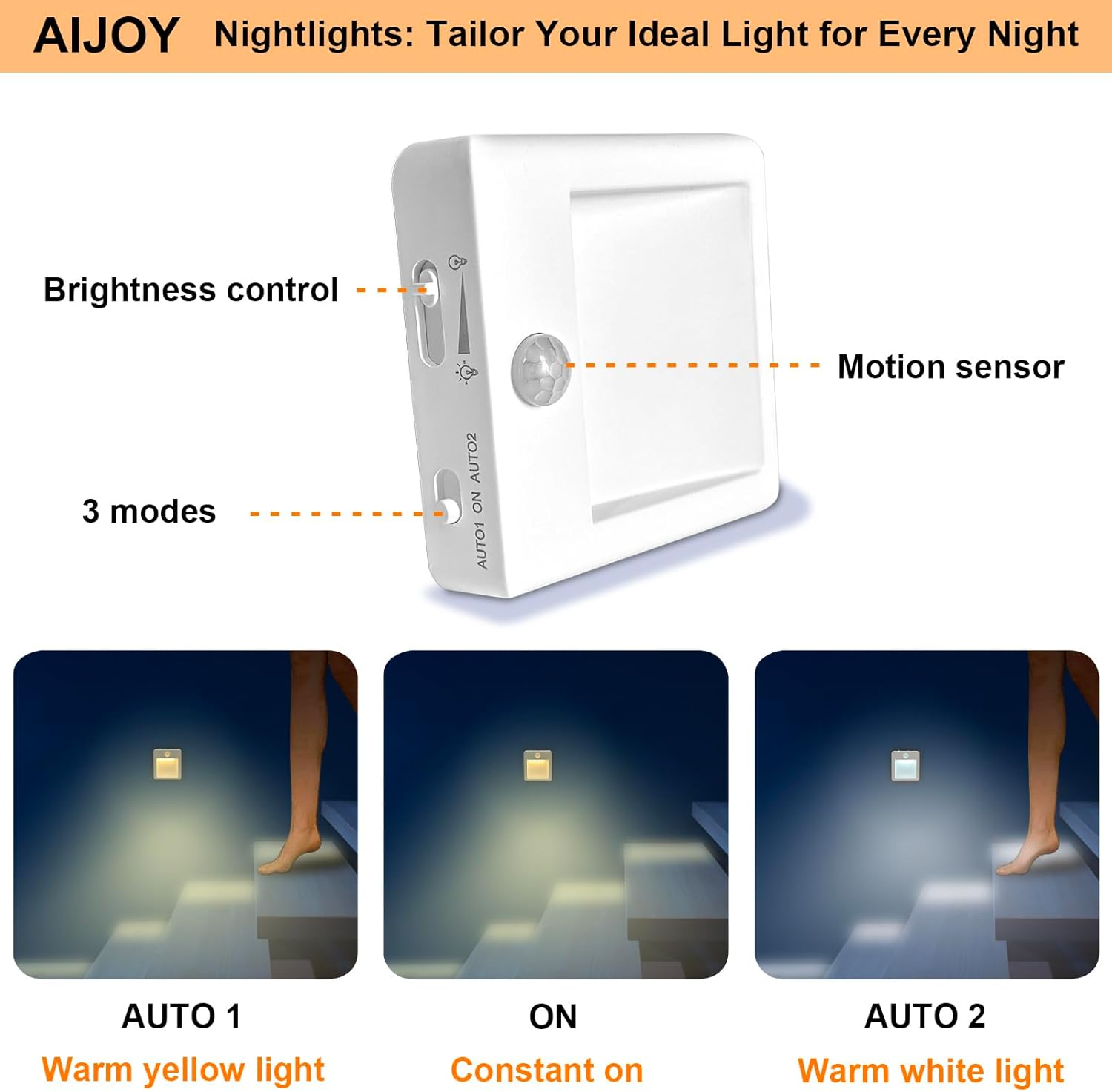 AIJOY Plug in Motion Sensor Light 2-Pack with 3 Lighting Modes, 3000K/6000K Switchable Light & Adjustable Brightness - Indoor Night Light for Bedroom, Bathroom, Stairs image number 3