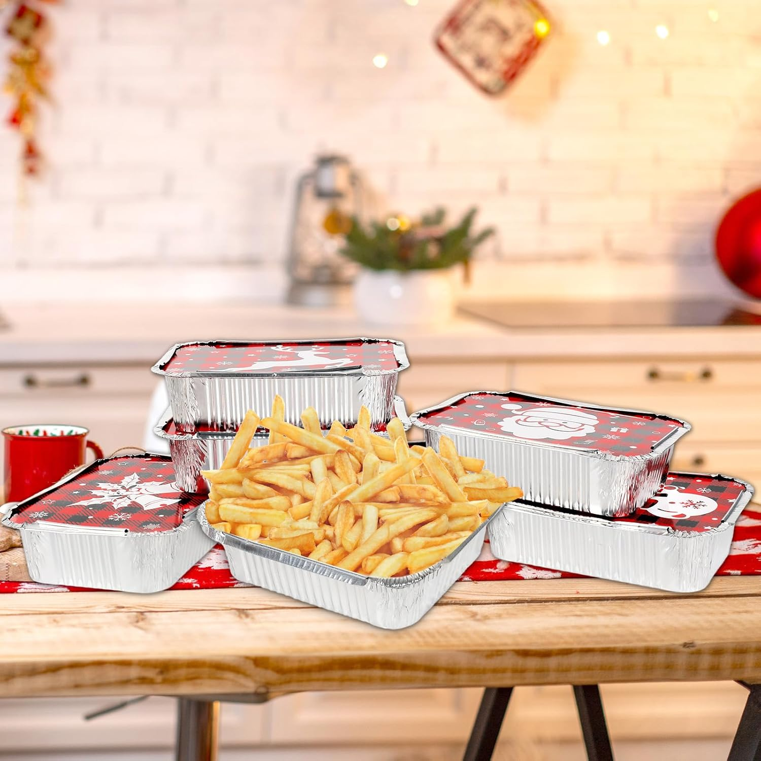 Whaline 42Pcs Christmas Foil Pans with Lids Red Black Plaid Food Storage Containers Xmas Tree Santa Disposable Aluminum Pans for Baking Cooking Heating Storing Prepping Food, 6 Designs image number 5