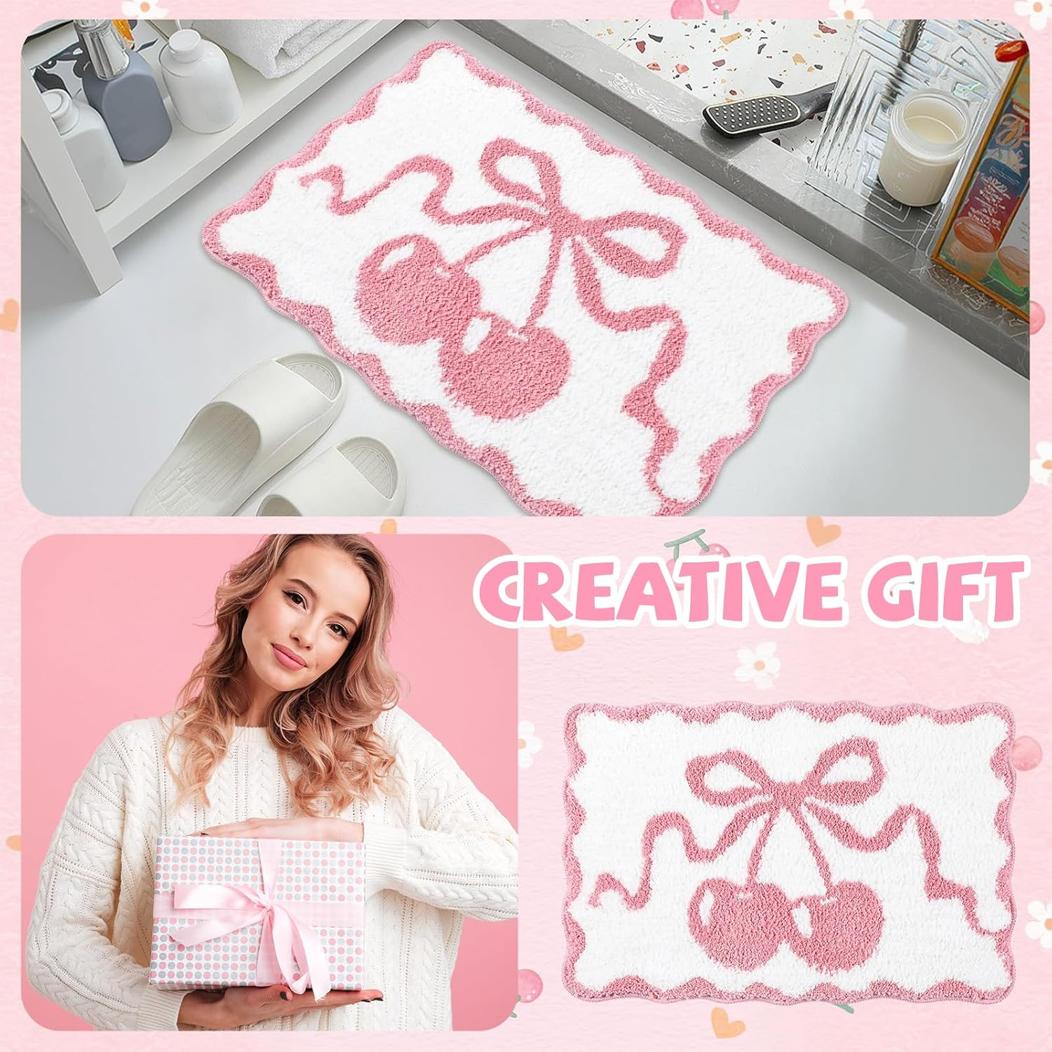 Cherry Bathmat, Non-Slip Bath Mat with Pink Cherry Design, Fluffy Faux Cashmere Bath Rug, Absorbent Pink Bath Mat for Bathroom & Kitchen, Machine Washable image number 4