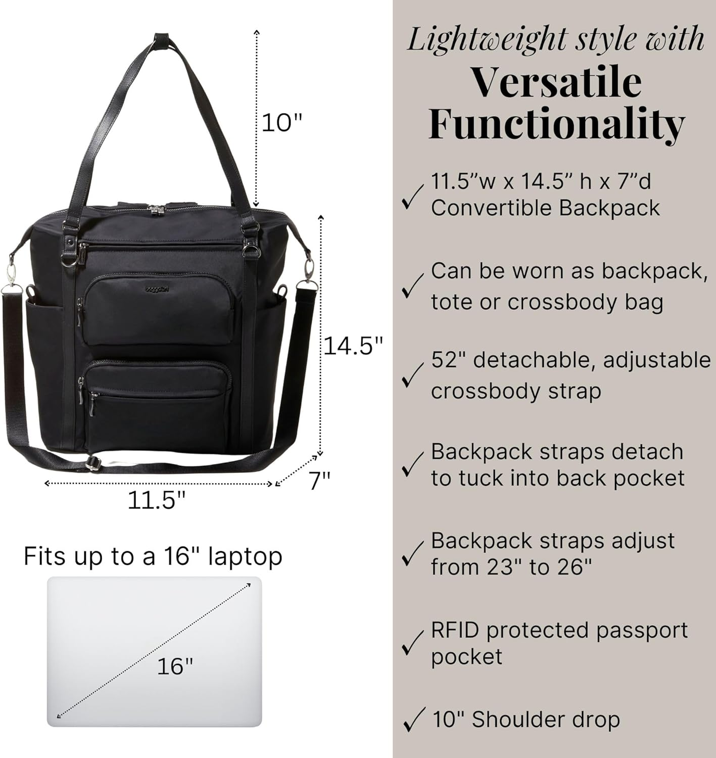 Baggallini Nolita Convertible Backpack - 14X11 Inch Travel Backpack with 16 Inch Laptop Sleeve - Lightweight Luggage Backpack