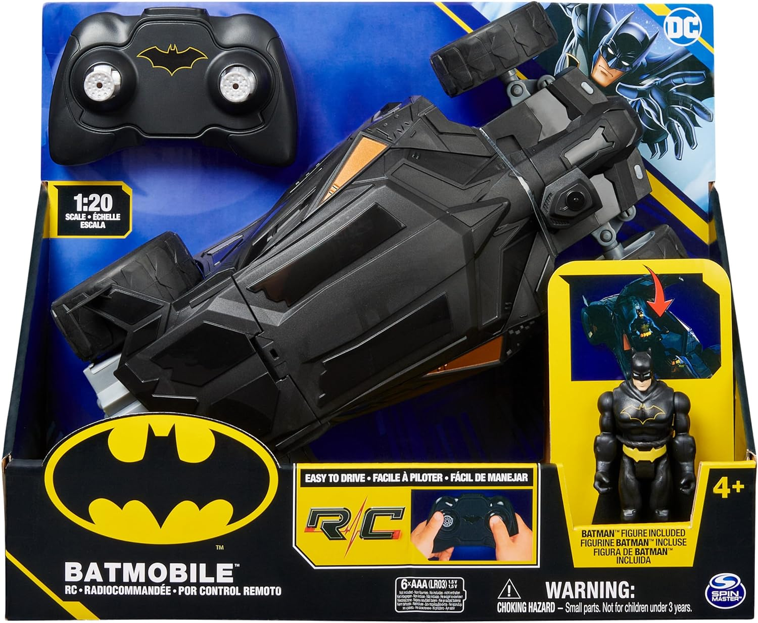 Batman DC Comics, Batmobile Remote Control Car, Easy to Drive with 4-Inch Batman Figure, Kids Toys for Boys and Girls Ages 4 and Up