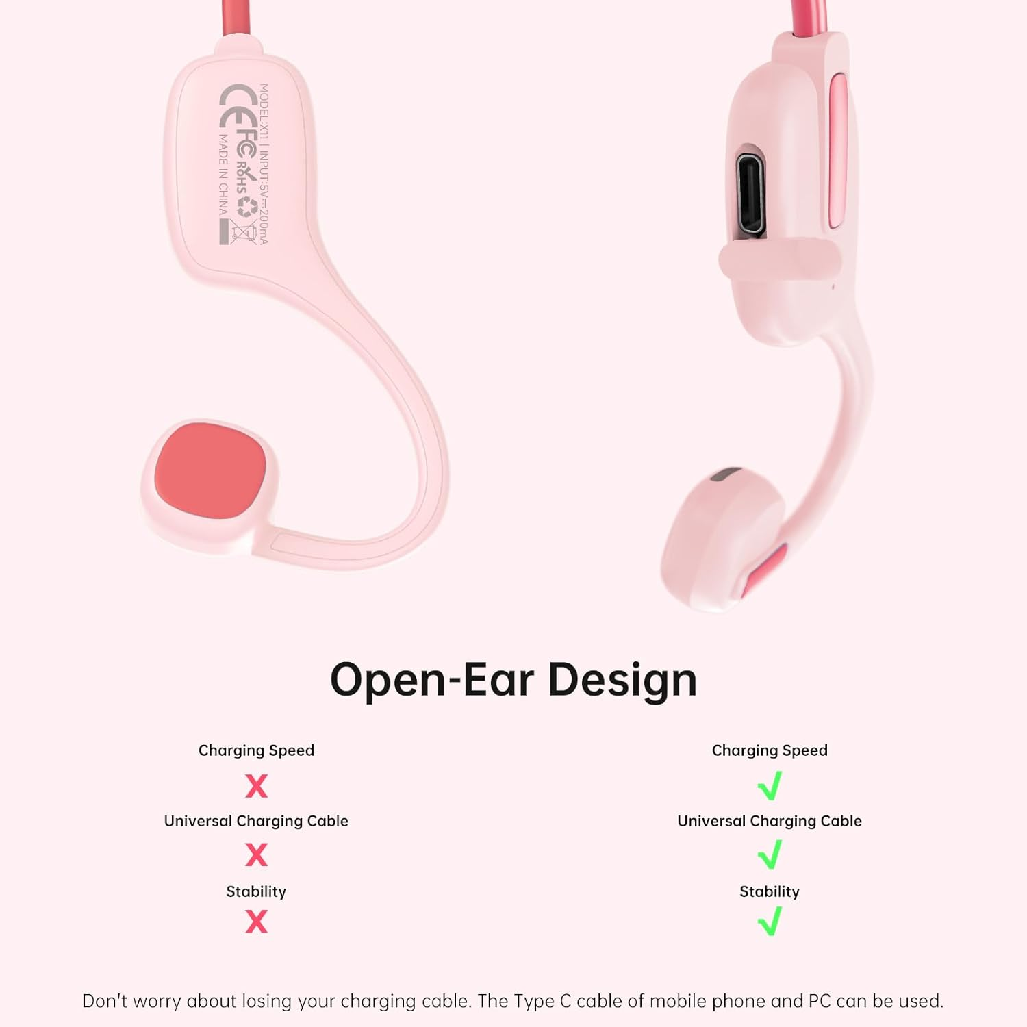IFECCO Kids Open Ear Headphones - Kids Girls Bluetooth 5.3 Conduction Headphones with Mic,Ultra-Light,Ipx5 Waterproof and Safer for Children Wireless Headphones,Perfect for School Travel Gifts (Pink) image number 2
