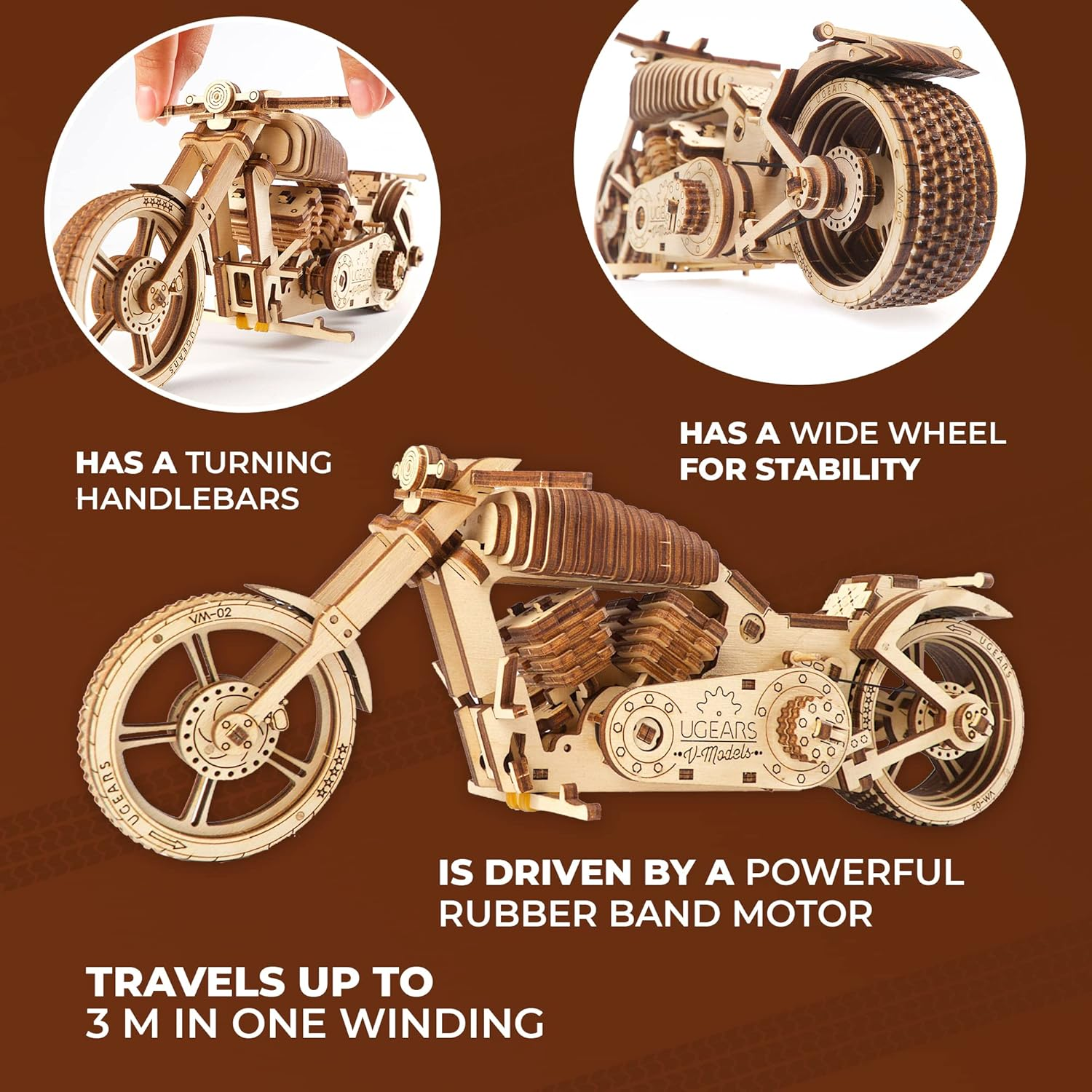 UGEARS 70051 Motorcycle, DIY Technical Model Construction, Project Bike, VM-02 with Rubber Band Motor Model Kit, Wood, Multi, One Size image number 5