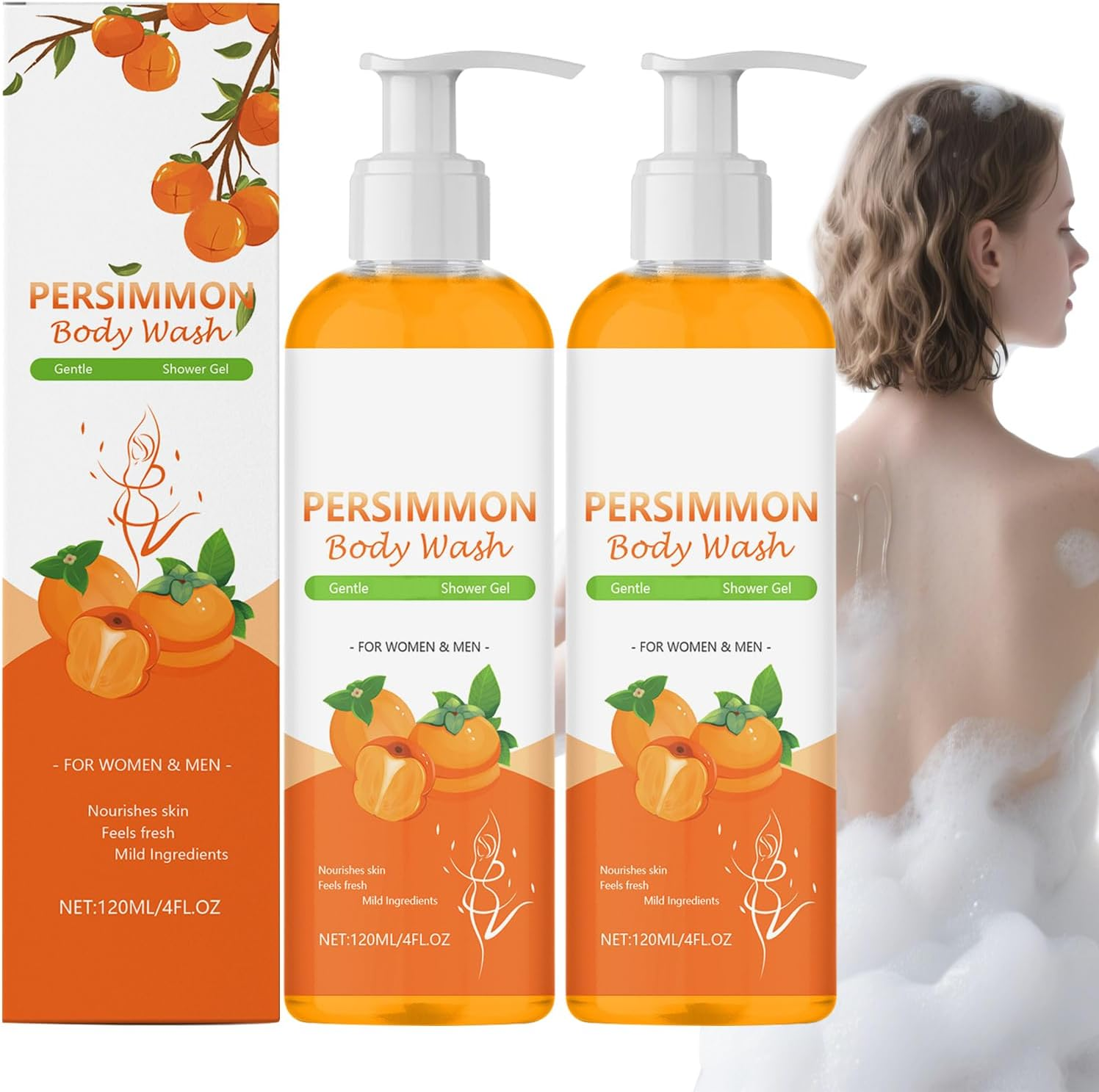 Persimmon Body Wash for Old People Smell, Persimmon Body Wash, Bodys Odor Removal, Cleansing Bodys Deodorizing with Persimmons Extracts, Fresh Scent & Deeply Cleansing, for Old People Smell (4Pcs)