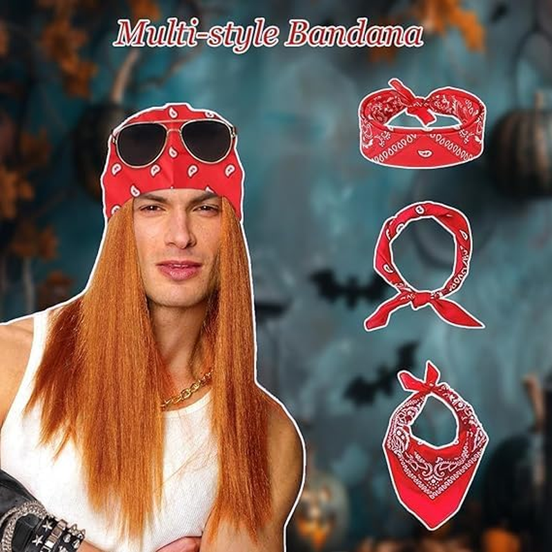 1980S Rockstar Hippie Costume Accessories - 60S 70S 80S Metal Rock Band Punk Costume Set with Wig, Bandana, Sunglasses,Tattoo Sleeves, Gloves, Wrist Chains, Guitar, Men Women Woodstock Outfits