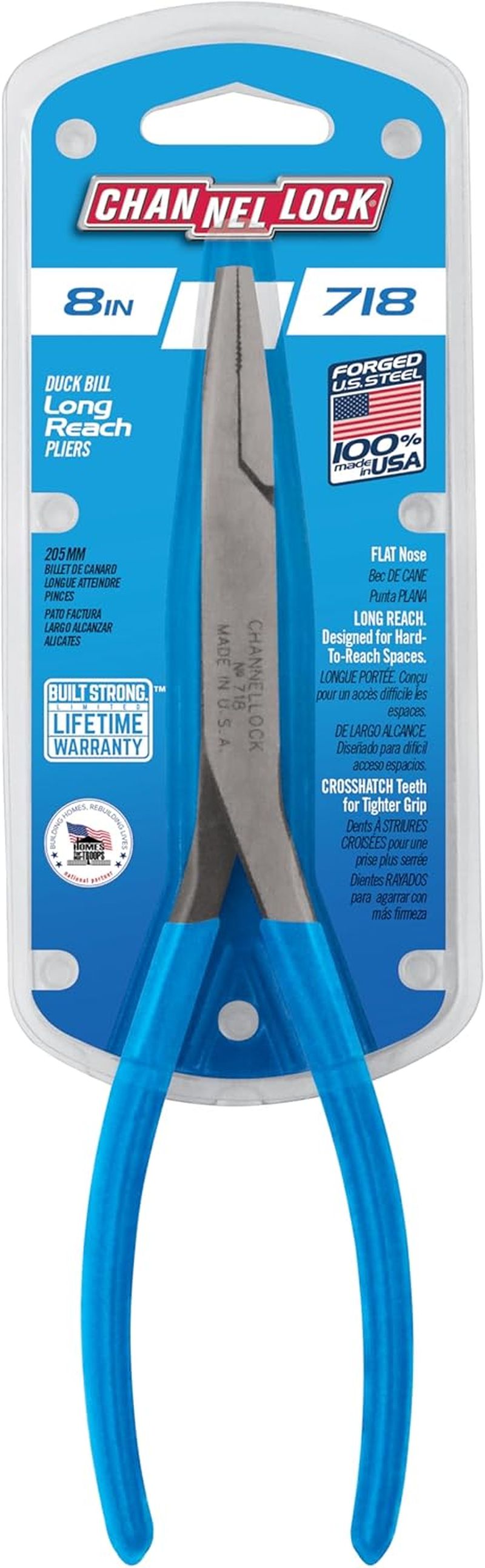 Channellock 718 8-Inch Flat Nose Pliers | Duckbill Jaw Pliers with Extra Long Nose and Crosshatch Teeth Pattern Designed for Hard-To-Reach Places | Forged of High Carbon Steel | Made in the USA image number 2