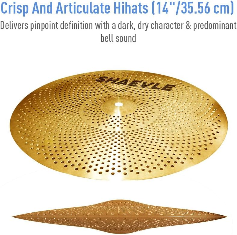 SHAEVLE Low Volume Cymbal Pack Golden Mute Cymbal 14"Hi-Hat+16"Crash+18'Crash+20"Ride Quiet Drum Cymbal Pack for Practice image number 1