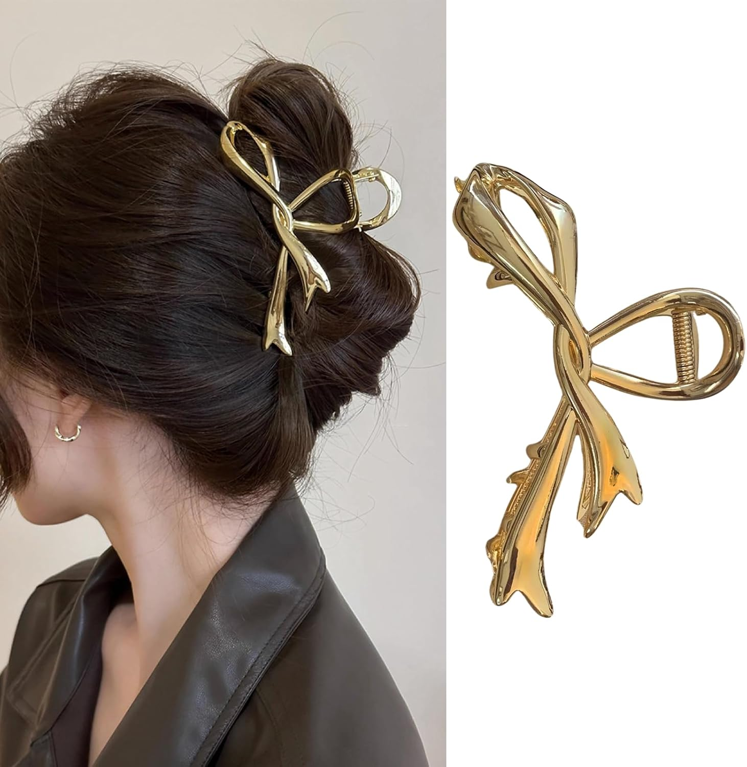 Ribbon Bow Hair Claw Clip Large Metal Hair Clips 4.5 Inch Metal Hair Claw for Women Girls Non-Slip Strong Grab Clips Shark Barrette Hair Clamps Hair Accessories for Thick Hair(Gold)