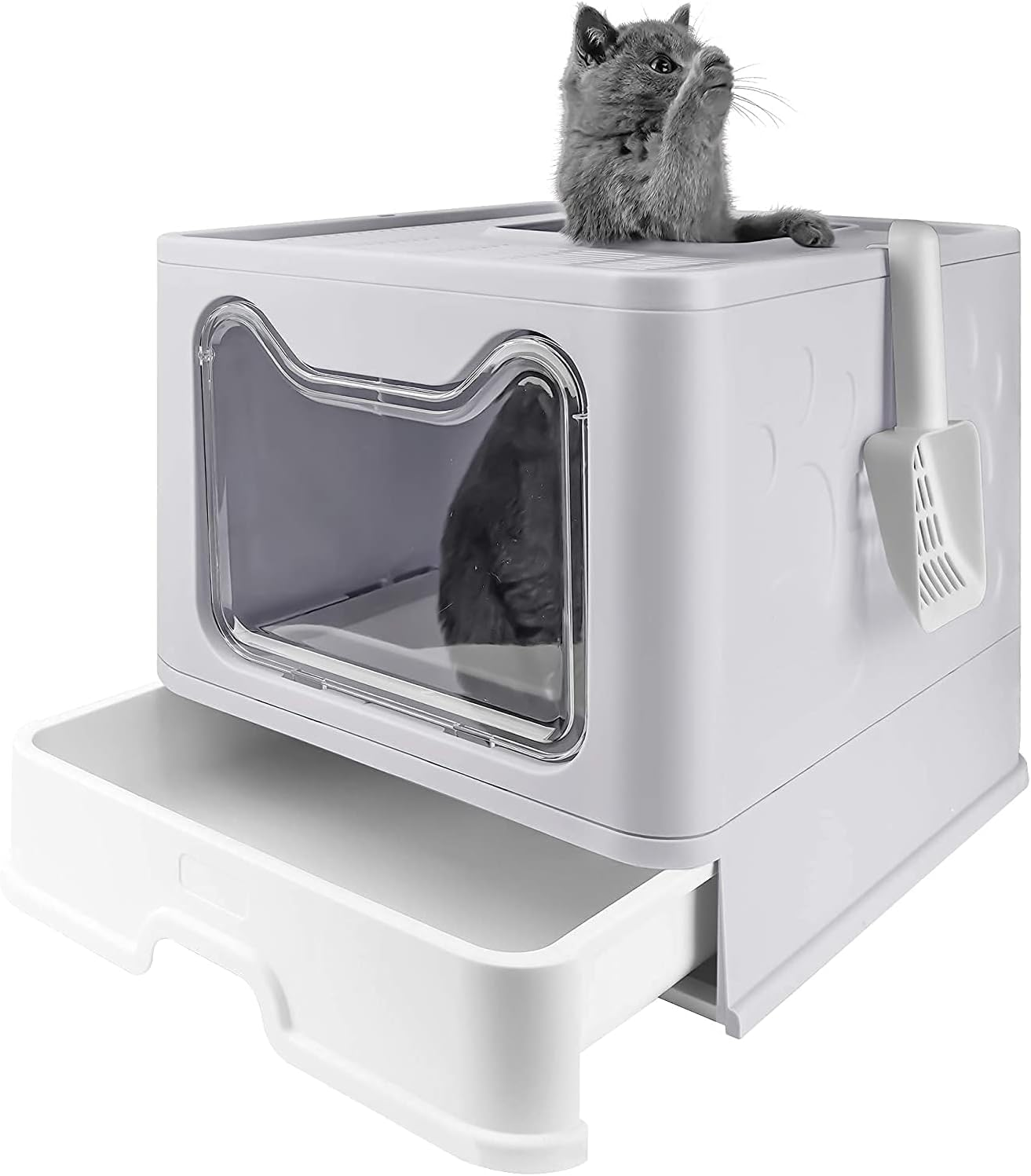 Boutsady Large Foldable Cat Litter Box with Lid - Top Entry Kitty Litter Tray, Anti-Splash Portable Kitty Potty for Cats, Includes Litter Scoop (Grey, One Size) image number 2