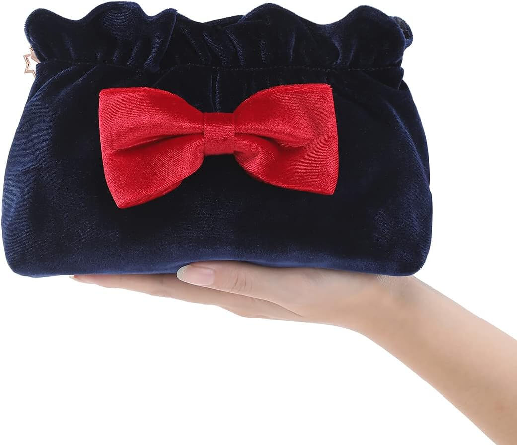 Lazy Drawstring Make up Bag Portable Travel Cosmetic Bag Makeup Pouch Storage Organiser Toiletry Bag for Women Girls Vanfn P.Travel Series (Bow-Blue Red) image number 4