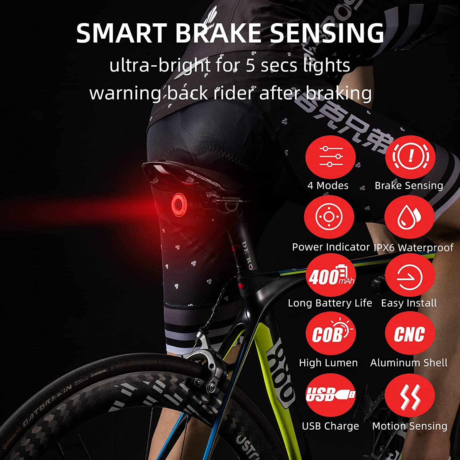 ROCKBROS Bike Tail Light Smart Brake Light Bicycle Rear Tail Light USB Charging IP65 Waterproof LED Bicycle Accessories Lights image number 3