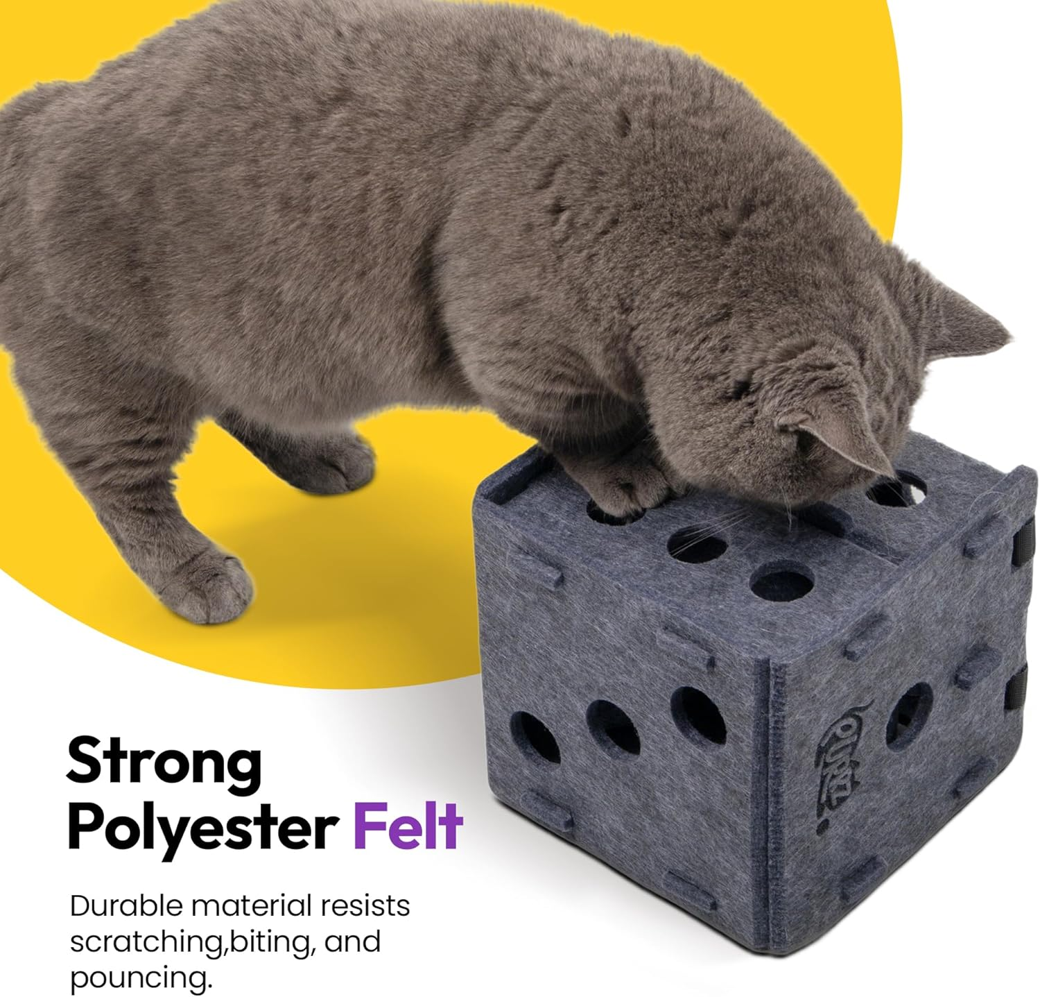 PURRZ Dice-Shaped Felt Cat Toy &ndash; Interactive Cube Play Box for Cats & Kittens &ndash; Durable Polyester Felt with Paw Holes & Internal Bell Ball, Puzzle Toy for Cats (Grey) image number 2