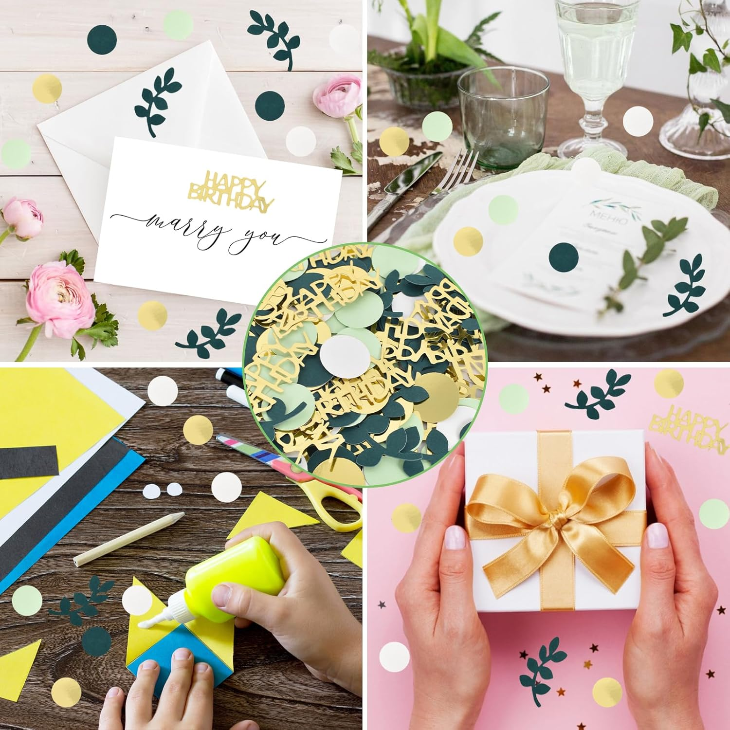 200 Pieces Confetti Green Gold, Happy Birthday Table Decoration, Party Table Confetti, Confetti Decorations for Party, Birthday, Wedding, Children'S Room, Table Top, Paper Scraps image number 1
