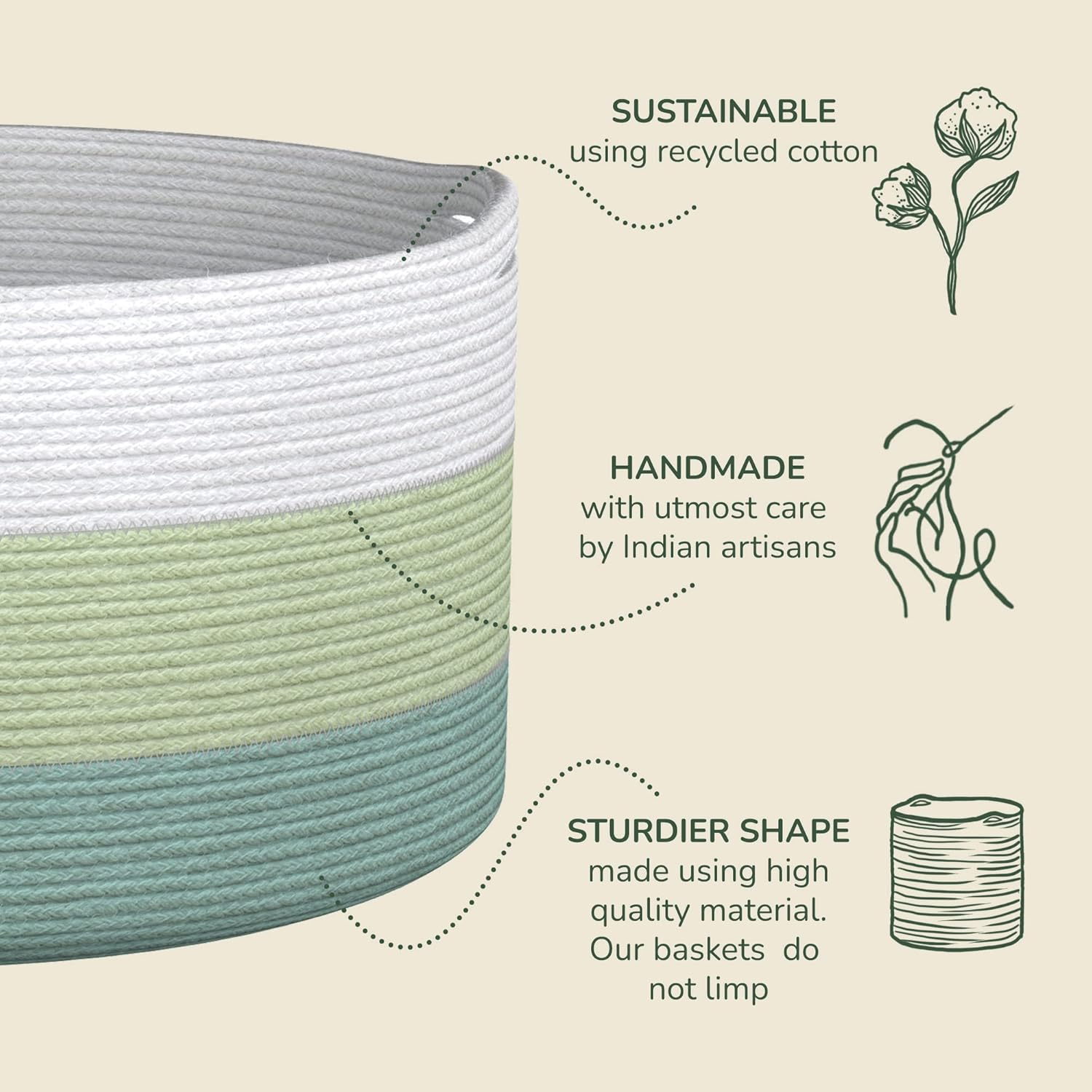 Recycled Cotton Rope Storage Basket - 21.7 X 21.7 X 13.8 Inches Extra Large Basket for Cushions, Blanket, Pillows, Toys - Stylish and Eco-Friendly Living Room Rope Basket - Green & White image number 5