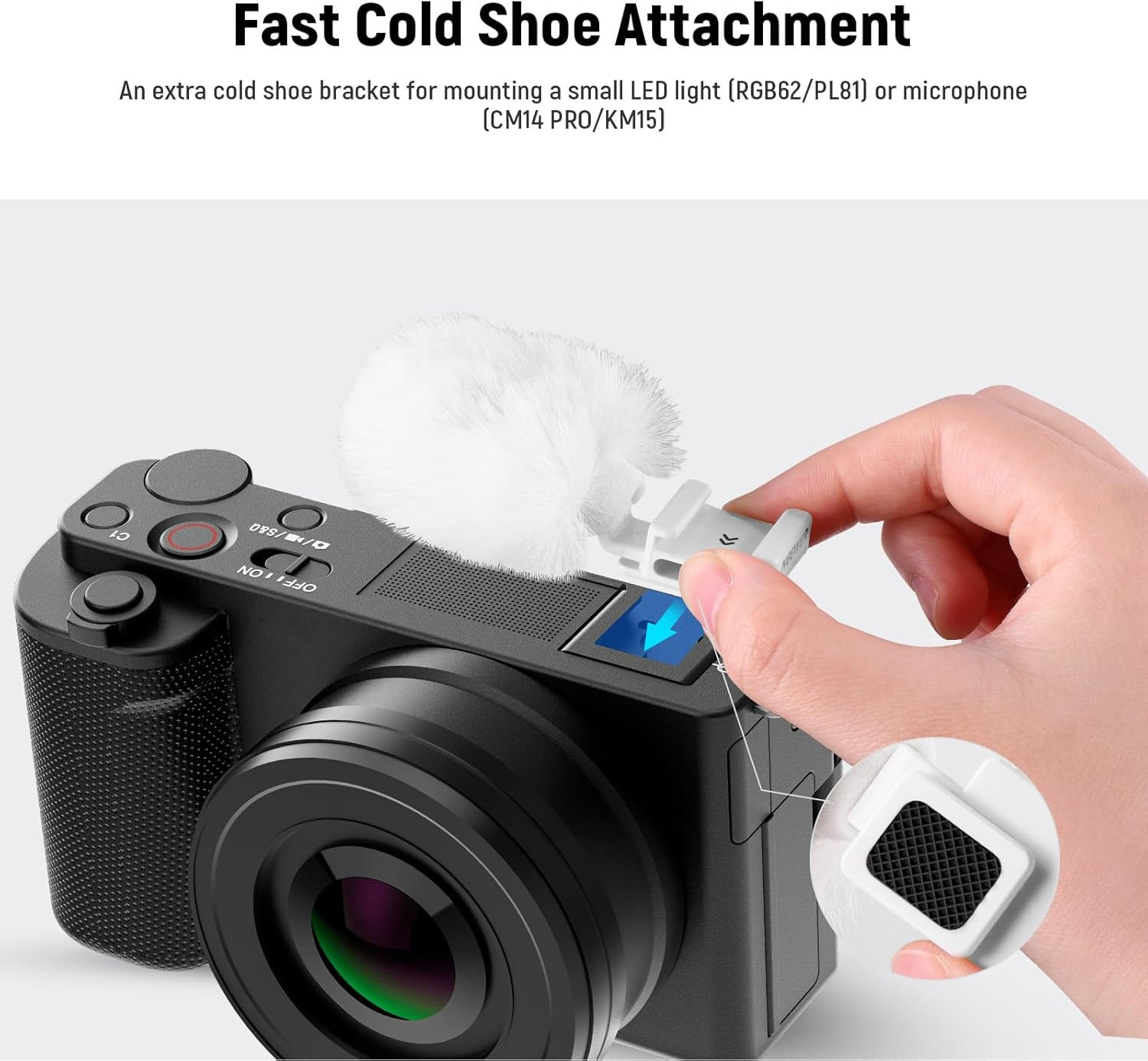 NEEWER Cold Shoe Wind Muff for ZV Series Vlog Cameras， Microphone Furry Windscreen with Cold Shoe Mount Adapter Accessory Compatible with Sony ZV-1F ZV-E10 ZV-1 ZV-E1 ZV-1 II， CA133 White image number 5