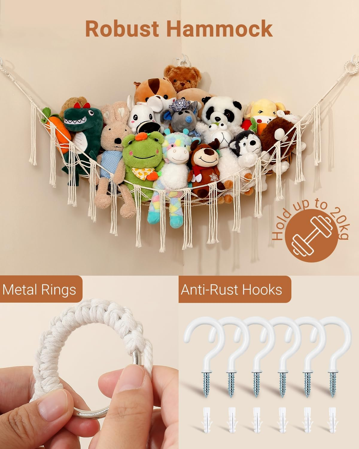 2 Pack Toy Hammock, Macrame Toy Storage Net for Stuffed Animals, Corner Nursery Hanging Organizer for Soft Toys and Teddy Bears image number 3