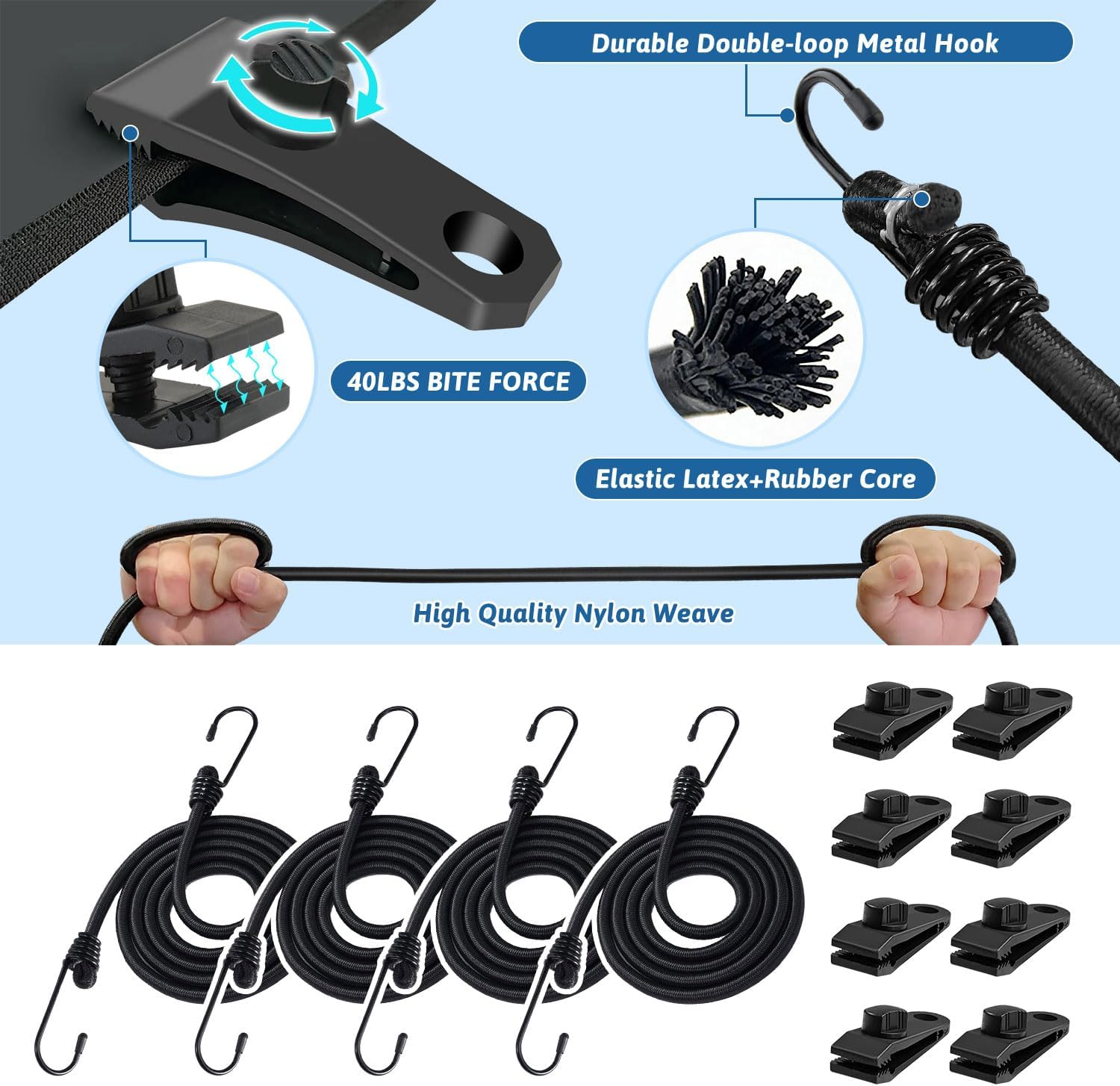 BETERNY 4PCS 50 Inch Car Cover Gust Straps, Heavy Duty Wind Protector Bungee Cords Hook Clips Kit Fit for Most Cars, Sedans, Suvs, Trucks, Vans, Motorcycles, Boat-Black image number 6