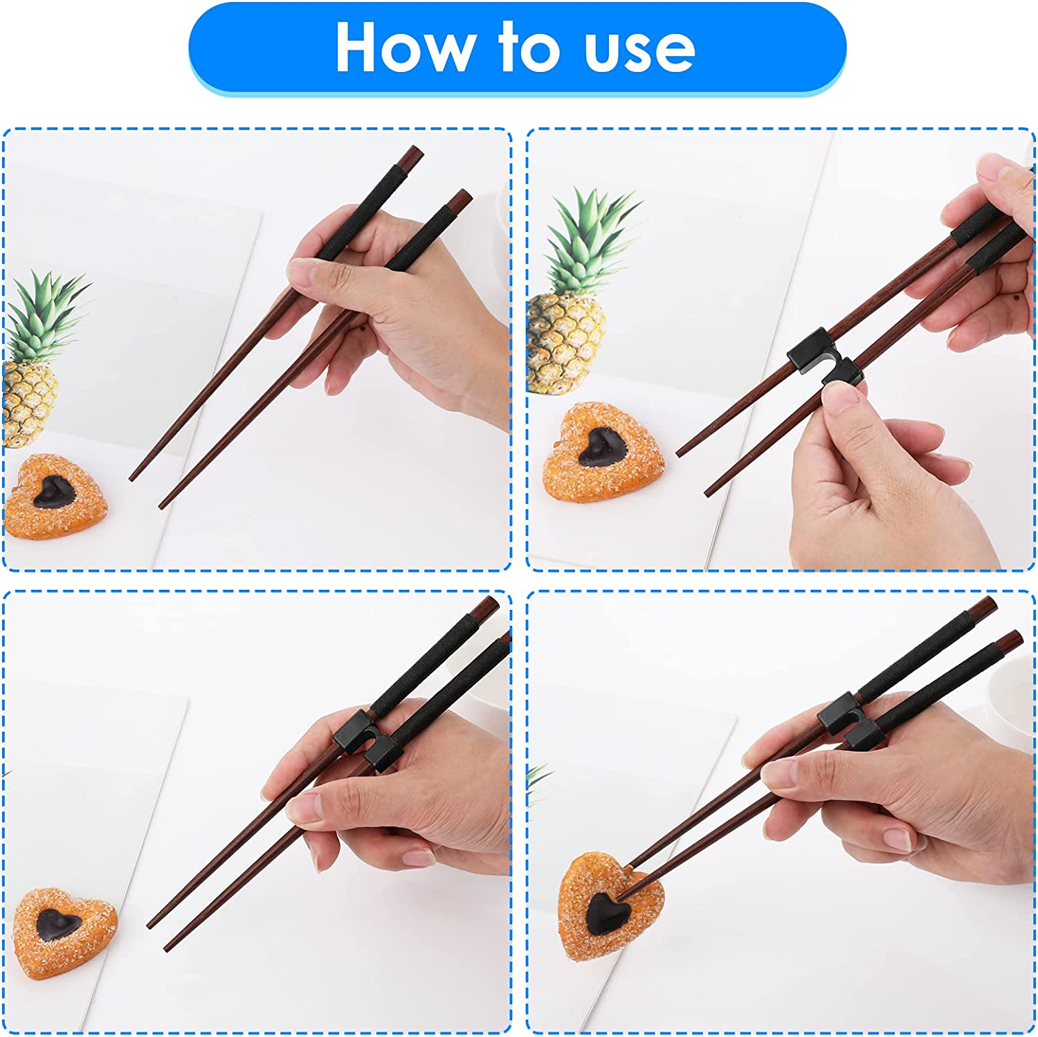 5 Pieces Reusable Chopstick Helper Training Chopsticks Hinges Connector Training Chopstick for Adults, Beginner, Trainers or Learner (Black)