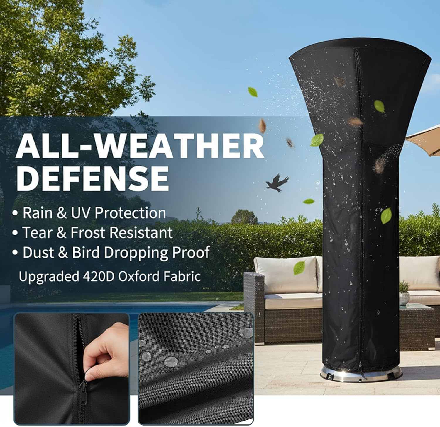 Outdoor Patio Heater Cover Waterproof with Zipper &ndash; 420D Oxford Fabric, Windproof Dustproof Weather-Resistant Heater Protection Cover, Universal Size 89&rdquo;H X 33&rdquo;D X 19&rdquo;B (Black) &ndash; Damaill (Black) image number 4