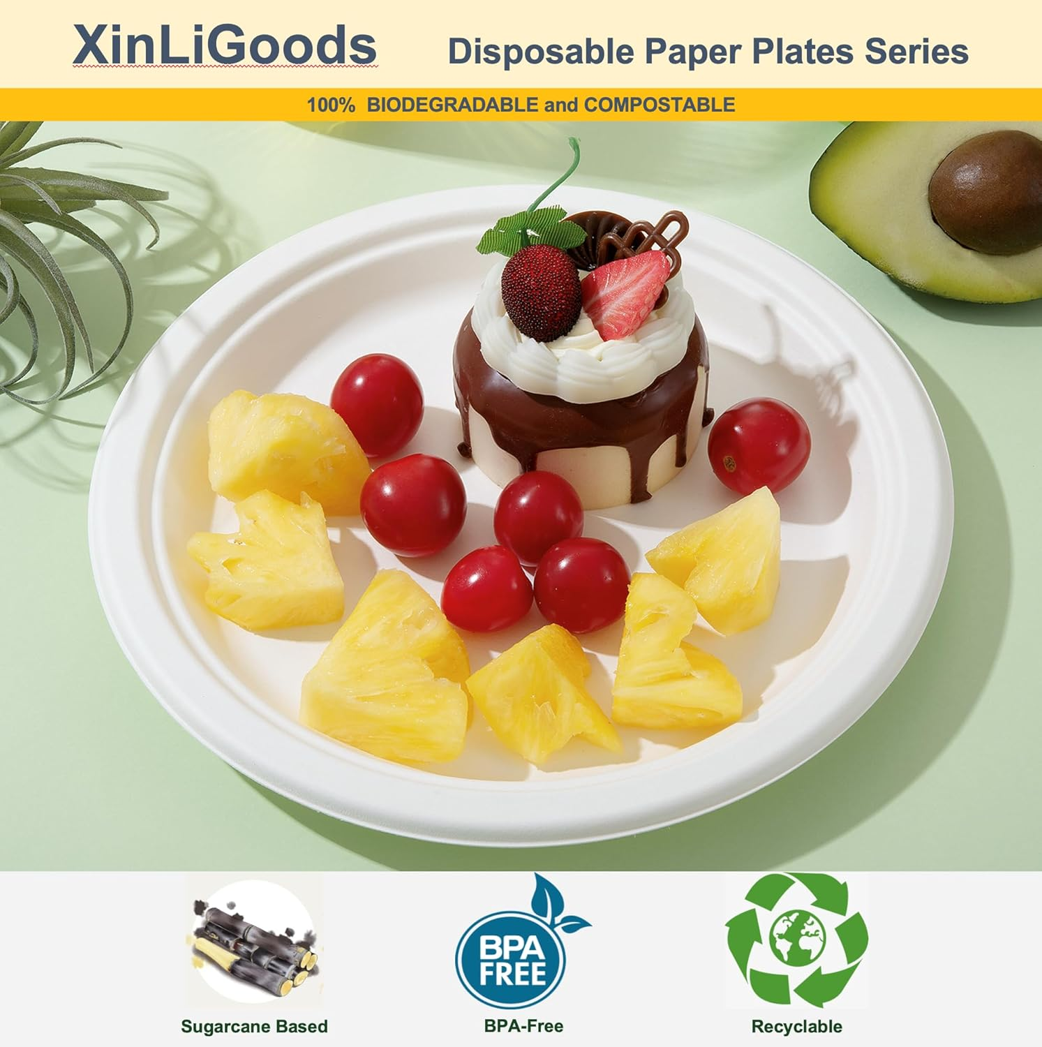 Xinligoods [125 Pcs, White, 9 Inch] Disposable Party Plates, Eco-Friendly, Biodegradable, Plant-Based, Perfect for Party, Camping, Picnic image number 2