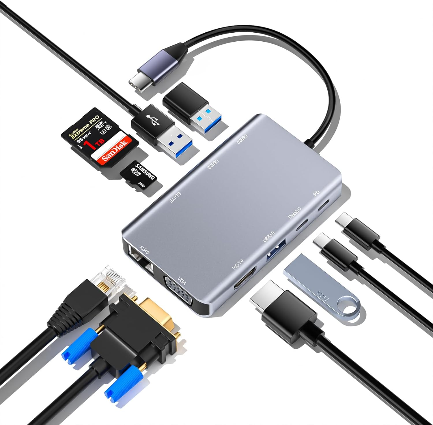 SCHITEC USB C Hub 10-In-1 Docking Station, Multiport Adapter with 4K HDMI, VGA, RJ45 Ethernet, 100W PD, USB 3.0, USB 2.0, USB C Data, SD/TF for PC, Laptop, Macbook Air, Ipad, Iphone 16/15, Galaxy S25 image number 2