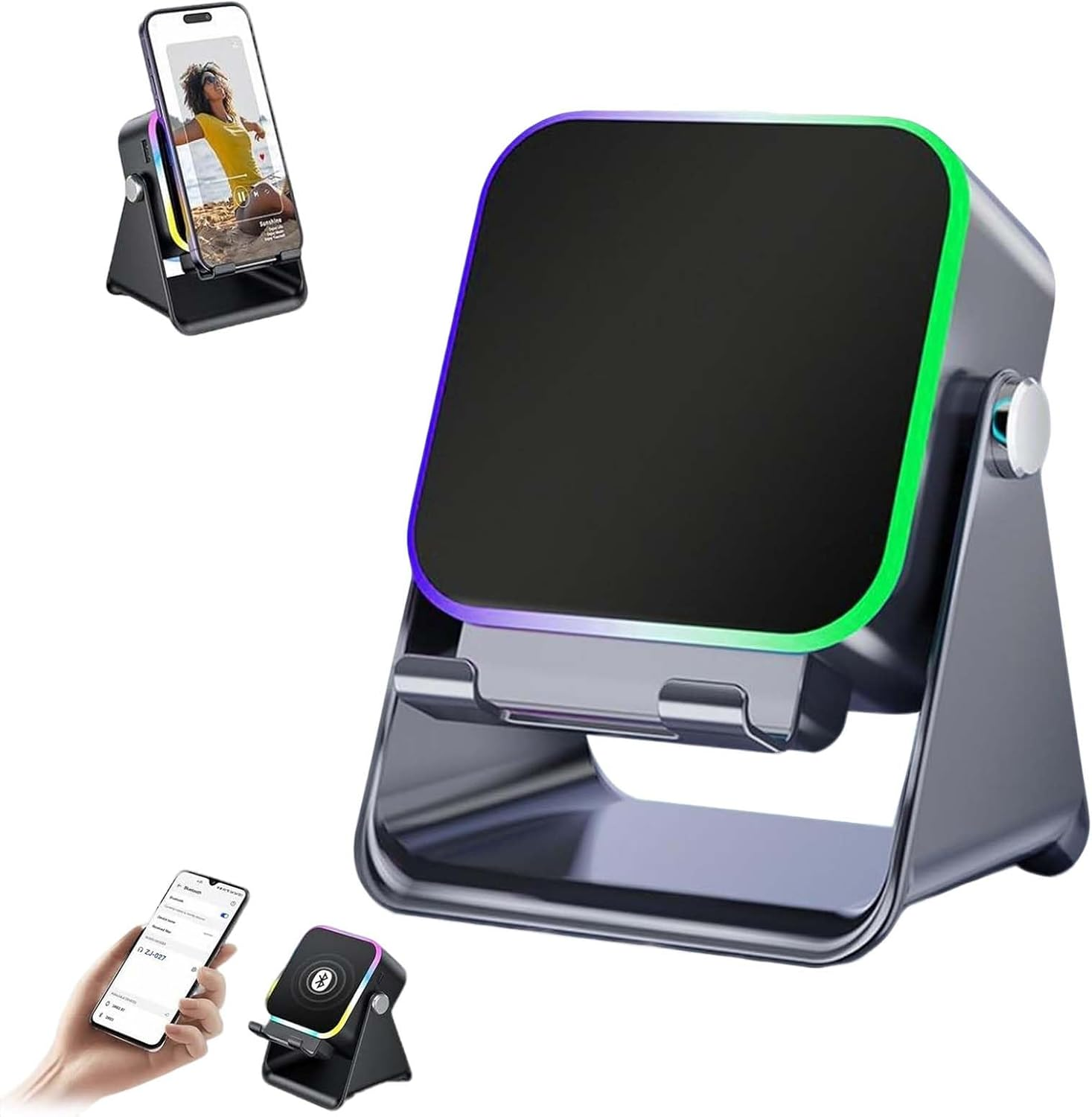 TKTCO 5-In-1 Wireless Induction Bluetooth Speaker with Adjustable Phone Stand with 8 RGB Ambient Light, Universal for Phone/Pad - Home/Office Leisure Audio Player (White)