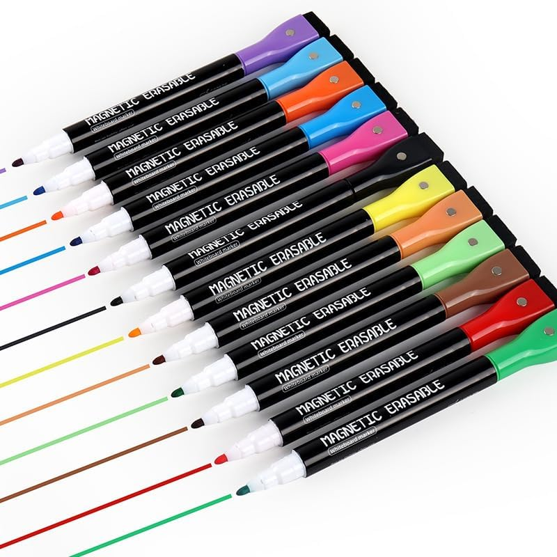 Chalk Markers 12 Count Colorful Fine Tip Dry Erase Markers with Eraser Drawing Markers Magnetic Whiteboard Markers 1-2Mm Bullet Tip for Chalkboard Erasable Chalkboard Pens Menu Board image number 3