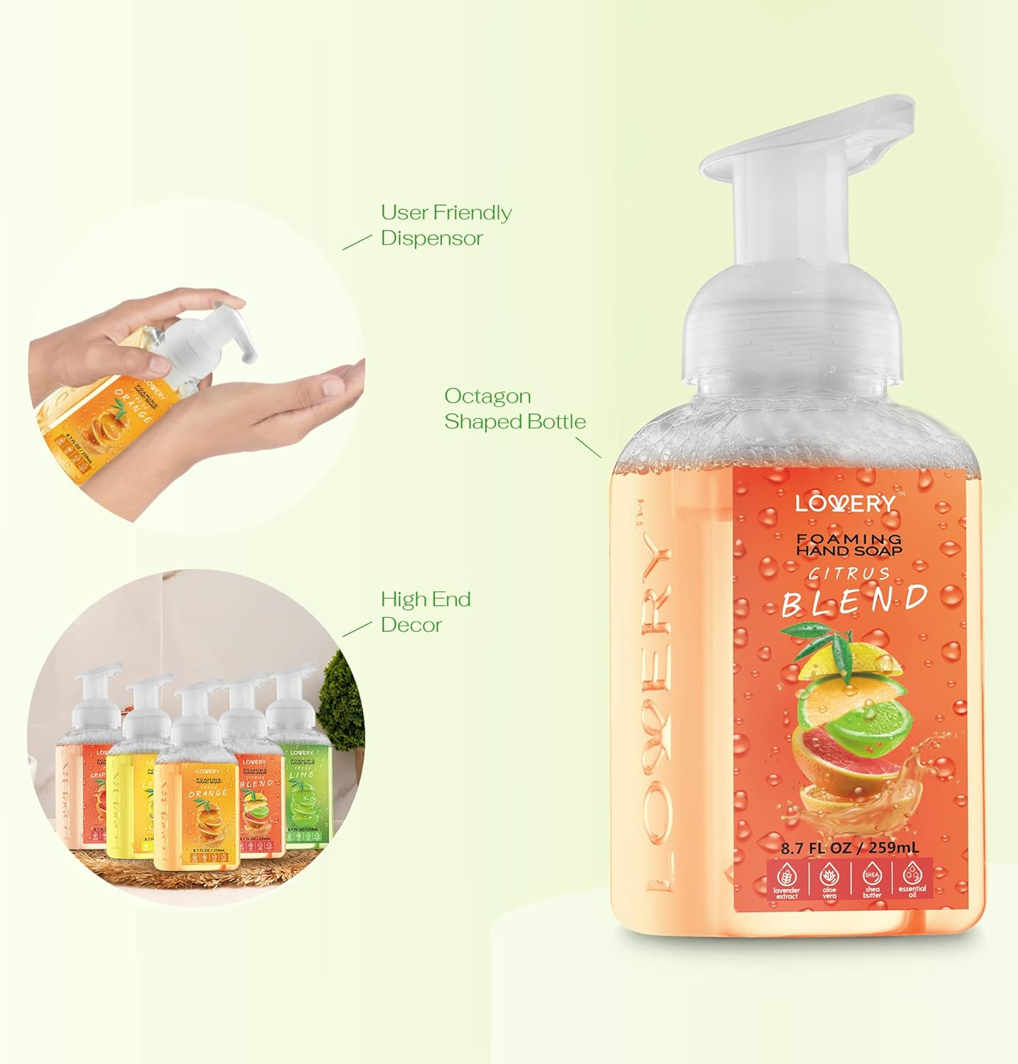 Lovery Foaming Hand Soap - Pack of 5 - Moisturizing Hand Soap with Aloe Vera & Essential Oils - Alcohol-Free Hand Wash in Citrus Blend, Lemon, Orange, Lime, Pink Grapefruit - Scented Hand Wash for Kitchen or Bathroom - Free Swarovski Bracelet image number 3