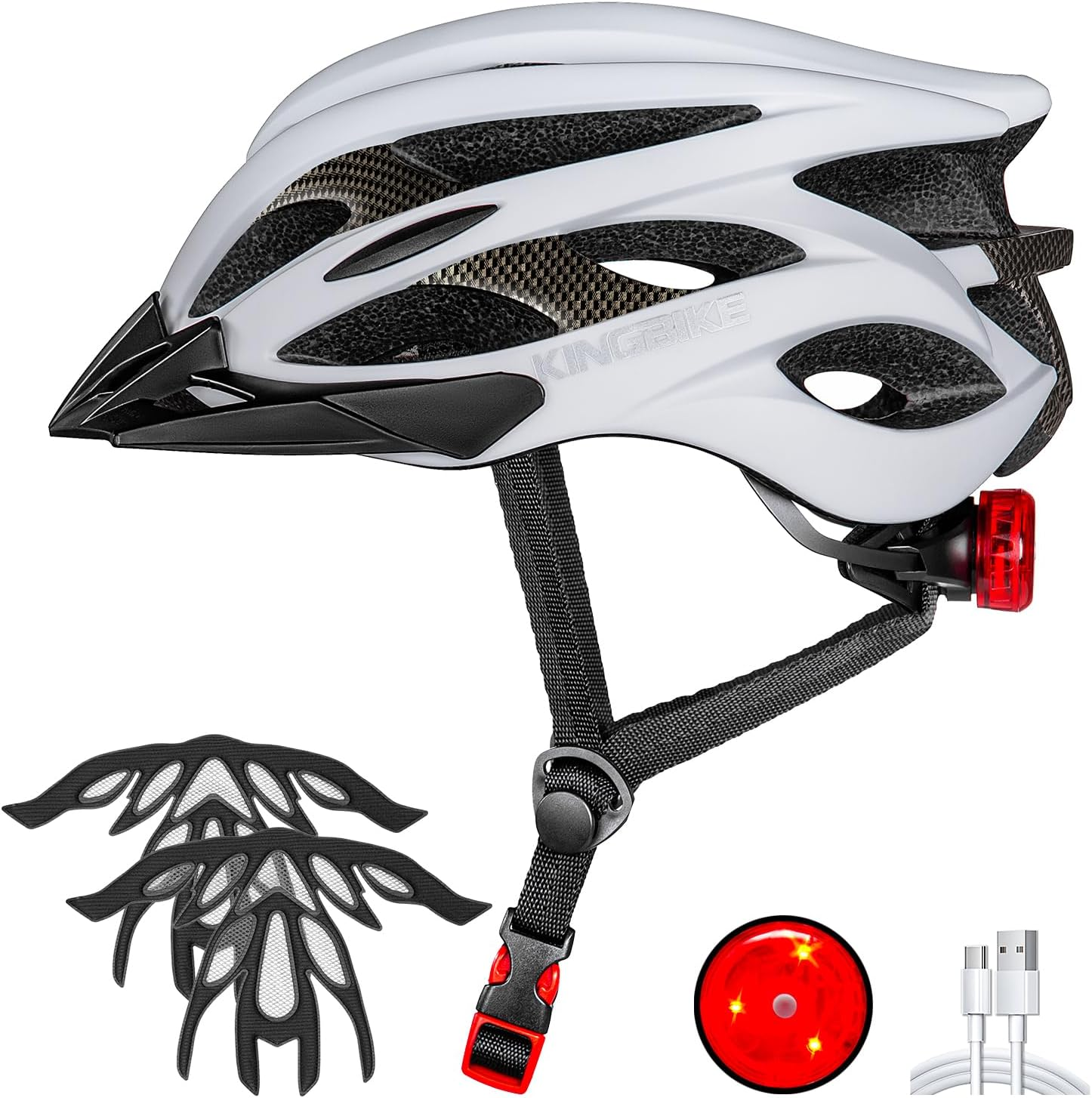 KINGBIKE Bike Helmet with USB Rechargeable Rear Light, Replaceable Liners,Ultra-Lightweight Comfortable for Adult Men Women Youth (54-61CM) image number 3