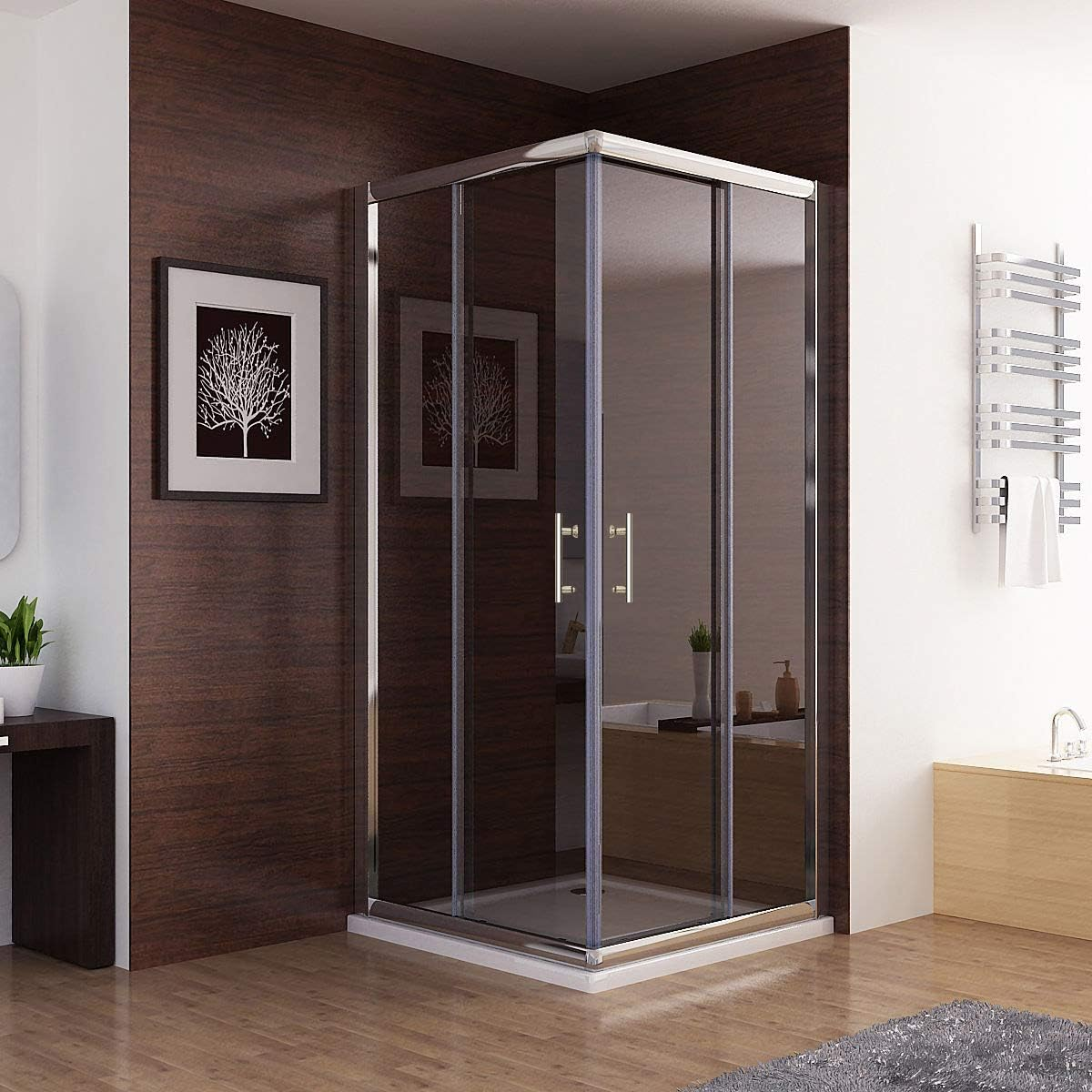 ELEGANT Corner Shower Enclosure with Acrylic Fiberglass Tray,Tempered Safety Clear Glass, Sliding Door,Shower Screen with Panel&Base 900X900Mm image number 4