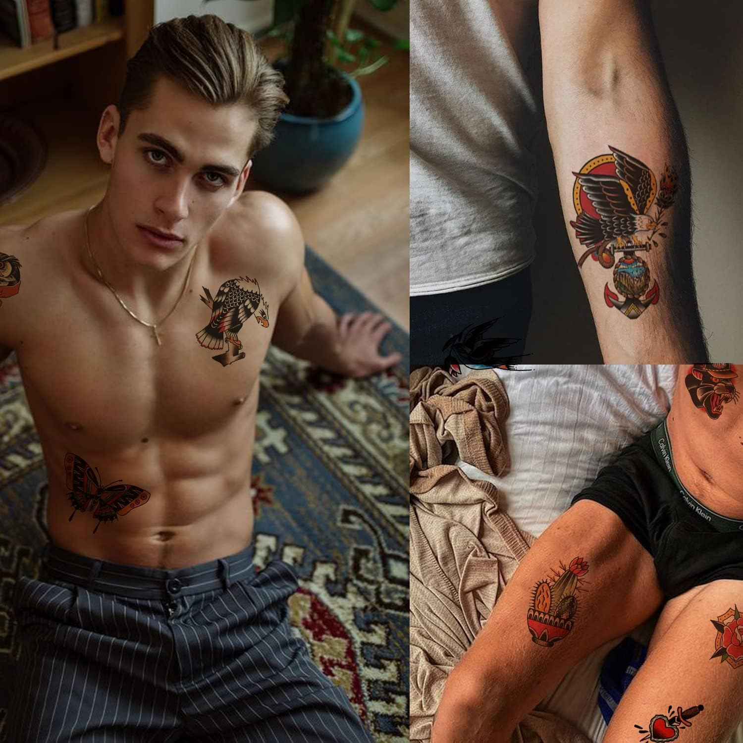 Temporary Classic Tattoos Adult Kids Old School Skull Tiger Sword Cat Eagle Snake Lotus Flower Butterfly Half Arm Realistic Fake Tattoos Sticker for Women Men 8 Sheets image number 2