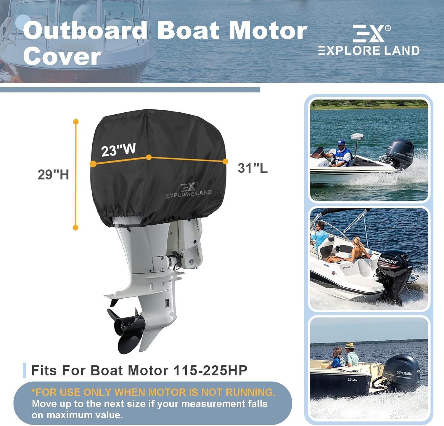 Explore Land Outboard Motor Cover - Waterproof 600D Heavy Duty Boat Engine Hood Covers Fit for 25-300HP Motor image number 7