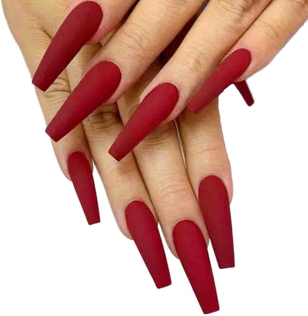 Matte Super Long False Nails Coffin Ballerina Extra Long Press on Nails Acrylic Fake Nails Acrylic Full Cover Nails 24Pcs (Wine Red)