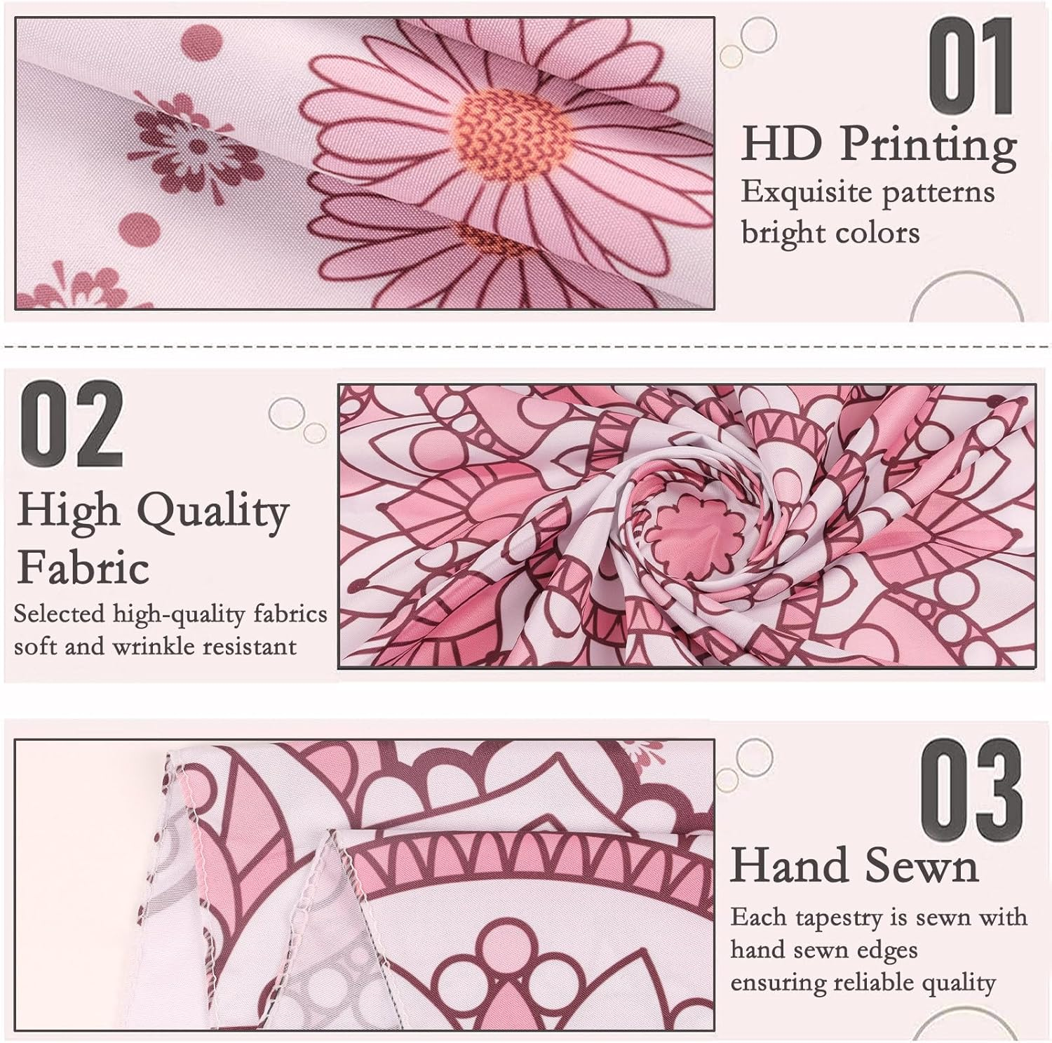 Boho Pink Mandala Wall Tapestry for Bedroom, White and Pink Aesthetic Tapestry Room Decor for Teen Girls, Art Floral Wall Hanging for College Dorm (51''X60'')