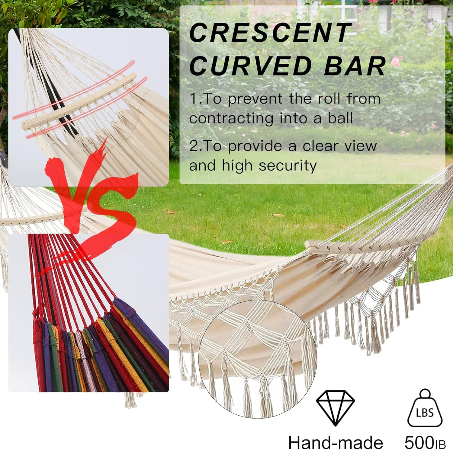 ​Boho Double Hammock for 2 Person - Portable with Carry Bag, Indoor/Outdoor Use for Patio, Beach, Camping (Beige)​ image number 4