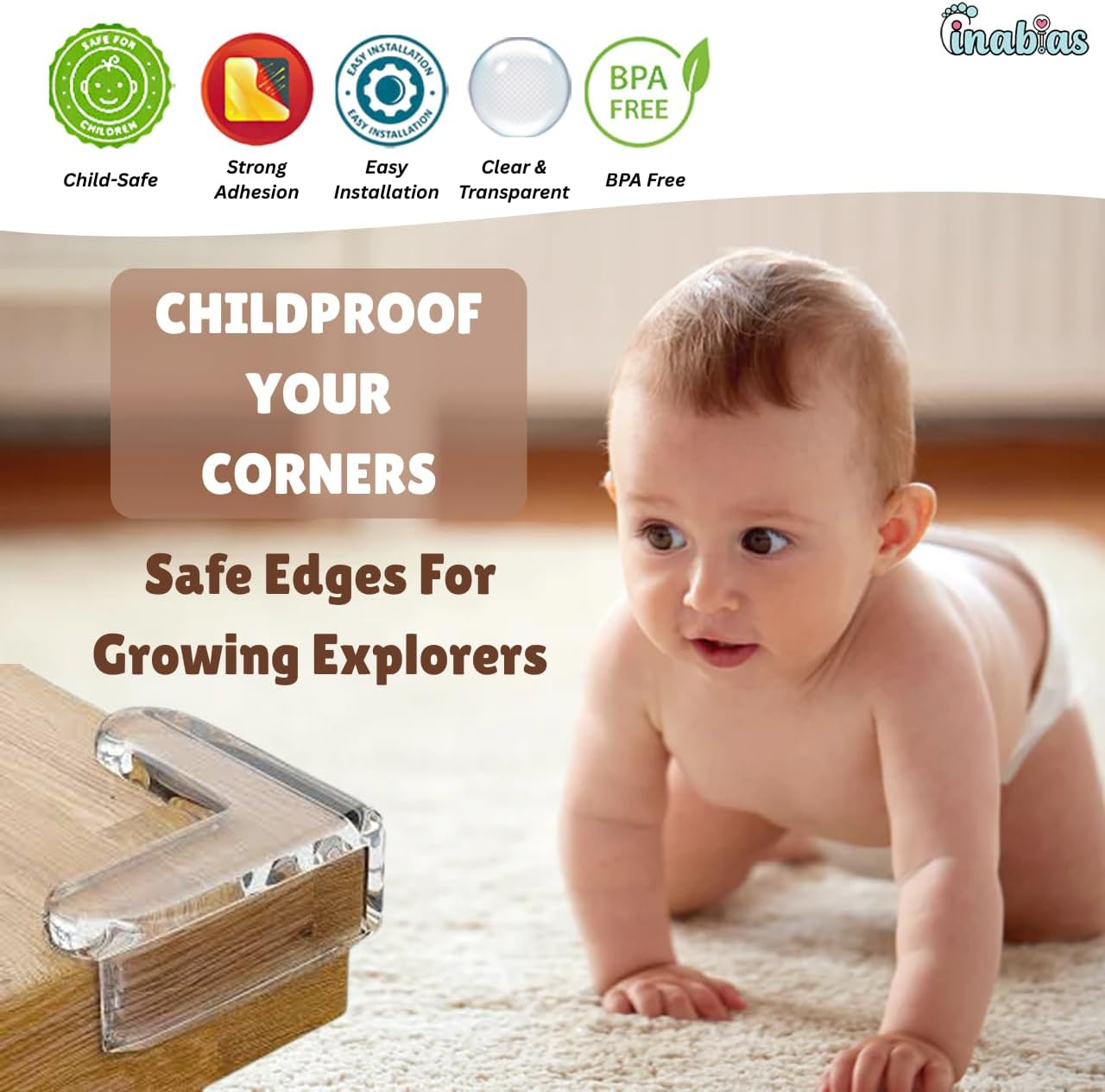 Inabias 12 Pack Corner Protectors for Kids -Clear Silicone Edge Guards Baby Proofing Corner Bumpers with Strong Adhesive for Table, Furniture, Baby Safety & Toddler Protection (6 R + 6 L) image number 5