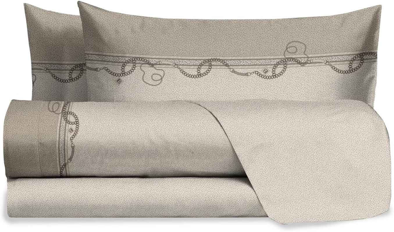 Hermet Laura Biagiotti Double Bed Linen Set, Cotton Patterned Bed Set, 100% Cotton, Top Sheet + Fitted Sheet + Pair of Pillowcases, Teia Cloud