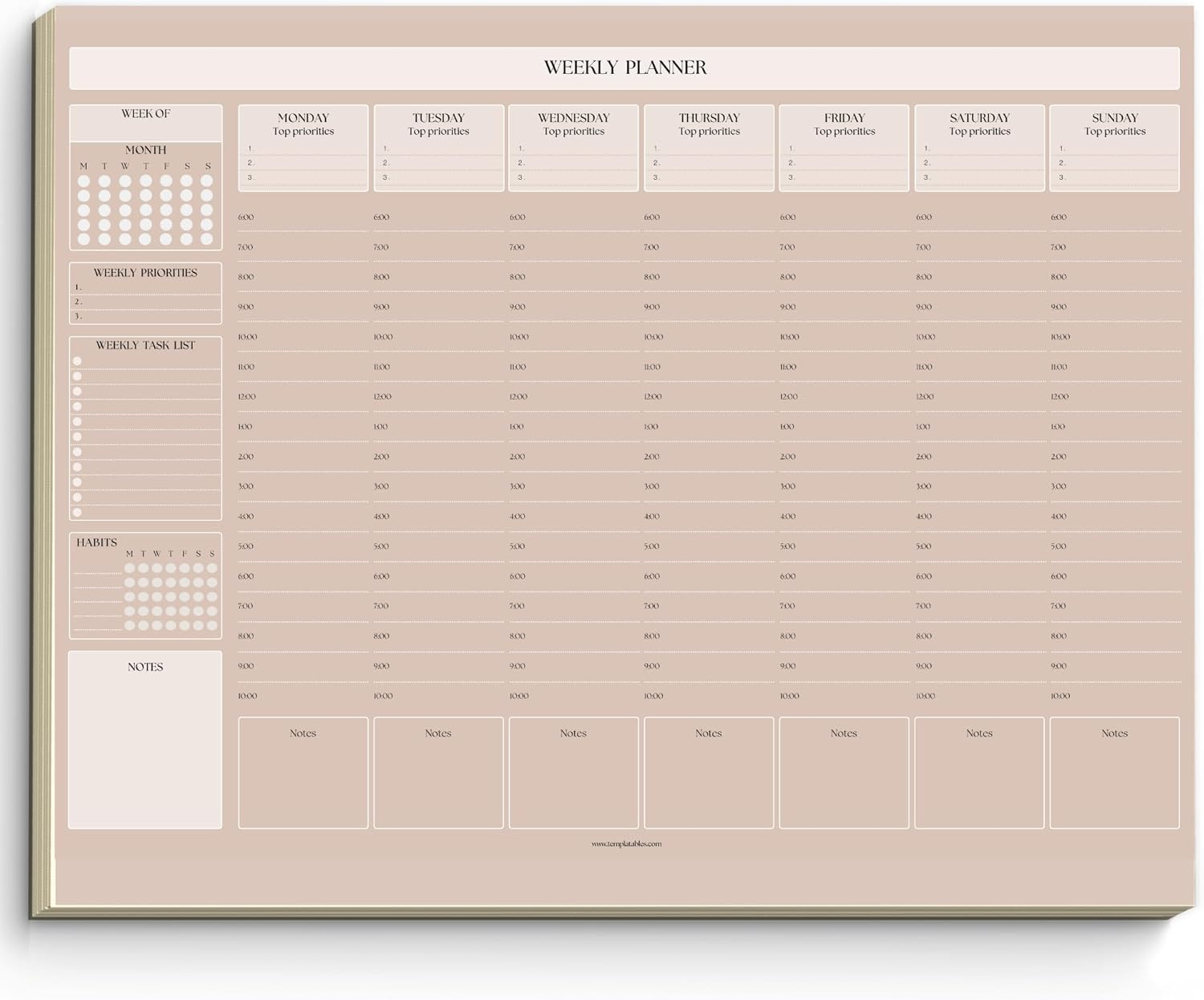 Weekly Hourly Planner Notepad, Daily Planner Desk Pad, Weekly Schedule, to Do List Note Pad, ADHD Planner | 50 Undated Tear Away Sheets A4 | Mono