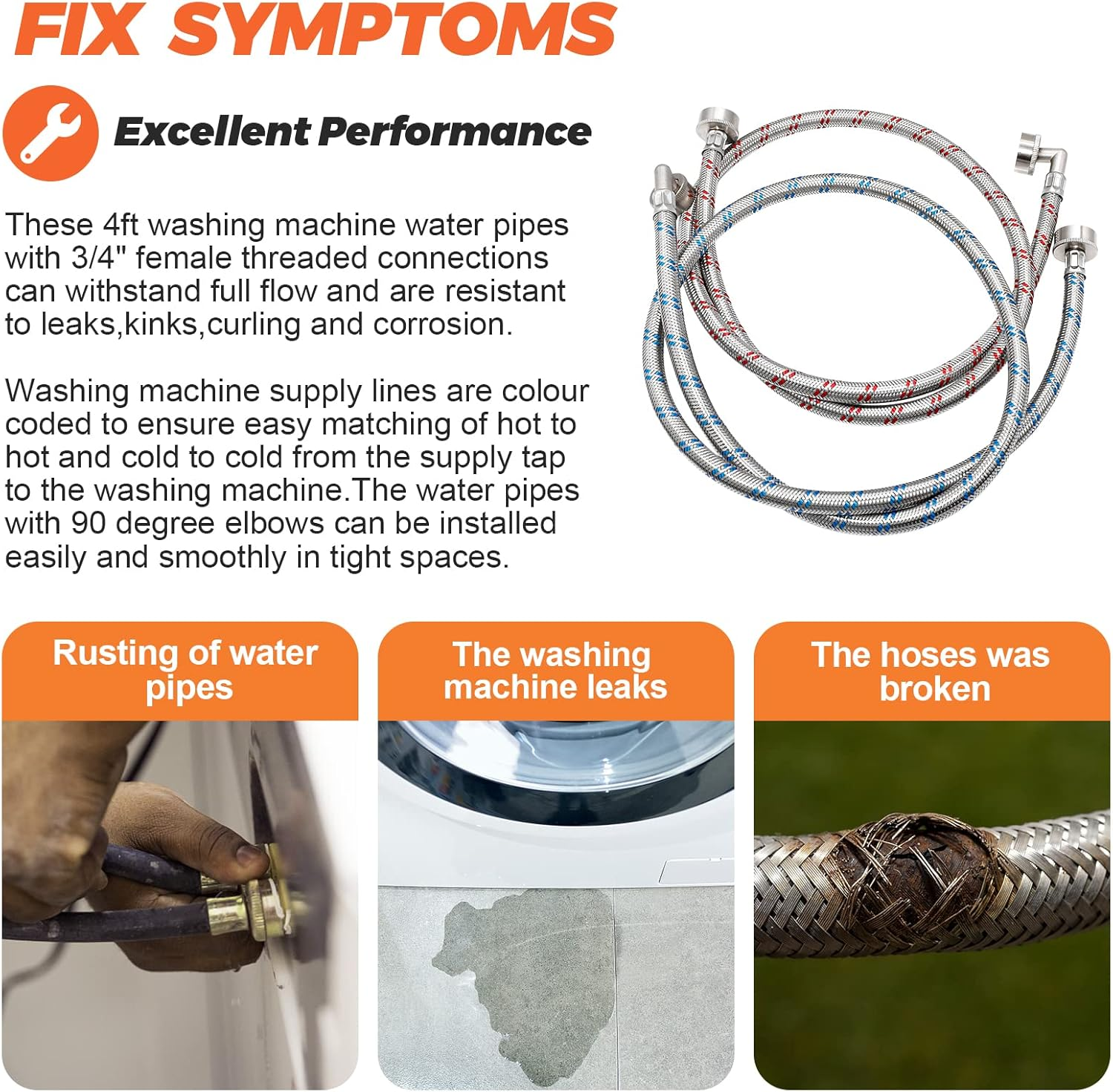 【UPGRADED】4FT Stainless Steel Washer Hoses with 90 Degree Elbows by Beaquicy - 2 Pack No-Lead Burst Proof Hot & Cold Water Connection Inlet Washer Supply Lines image number 1