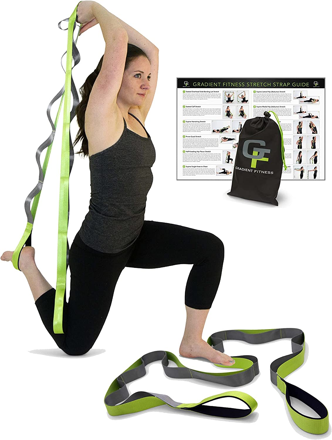 Gradient Fitness Stretching Strap, Premium Quality Multi-Loop Strap, Neoprene Padded Handles, 12 Loops, 1.5" W X 8' L