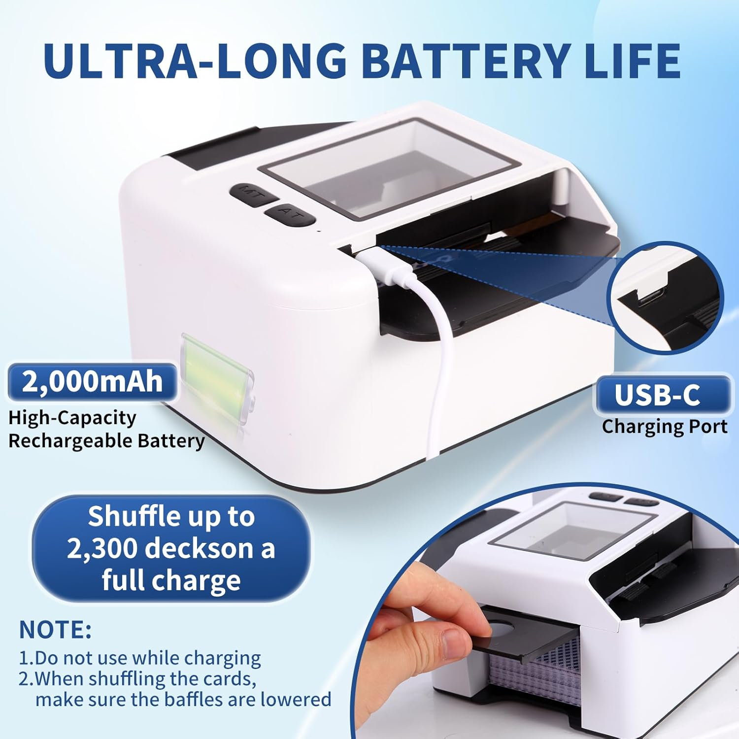 Quiet Automatic Card Shuffler 1-2 Deck, 2000 Mah USB-C Rechargeable Electronic Card Shuffler, One-Press AUTO and Manual Card Shuffle Machine for UNO Poker Blackjack Skip-Bo Phase 10 (White) image number 6