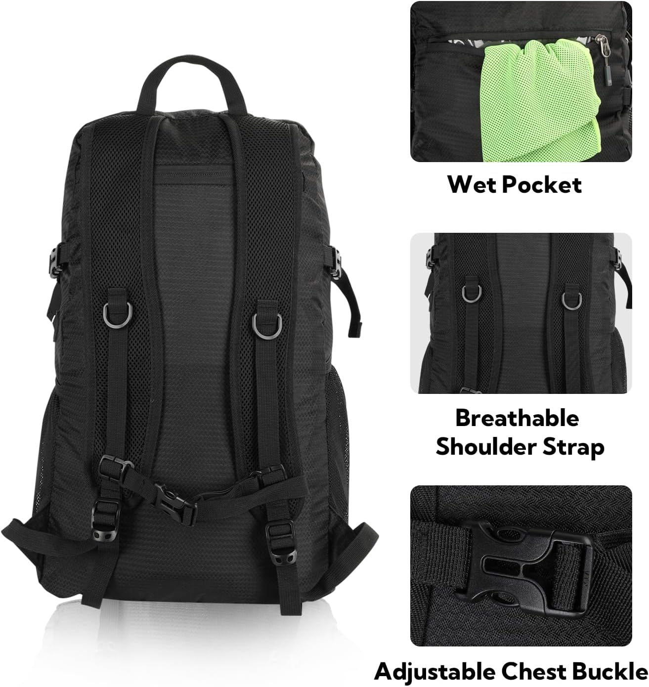 WATERFLY Lightweight Packable Hiking Backpack： Foldable Travel Daypack Camping Ultralight Day Pack for Woman Man - Black image number 3