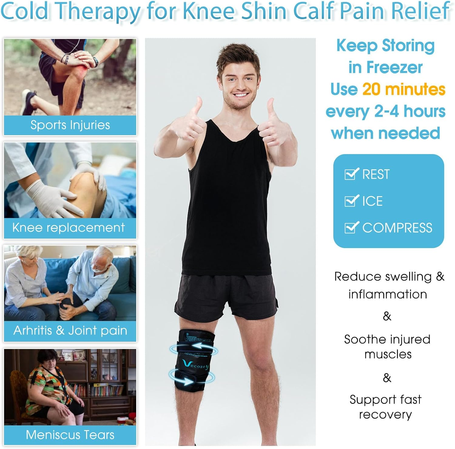 Extra Large Ice Pack Wrap around Entire Knee after Surgery, Large Reusable Gel Cold Pad for Leg Thigh Shin and Calf Injuries and Pain Relief, Swelling and Sports Injury, Black image number 3