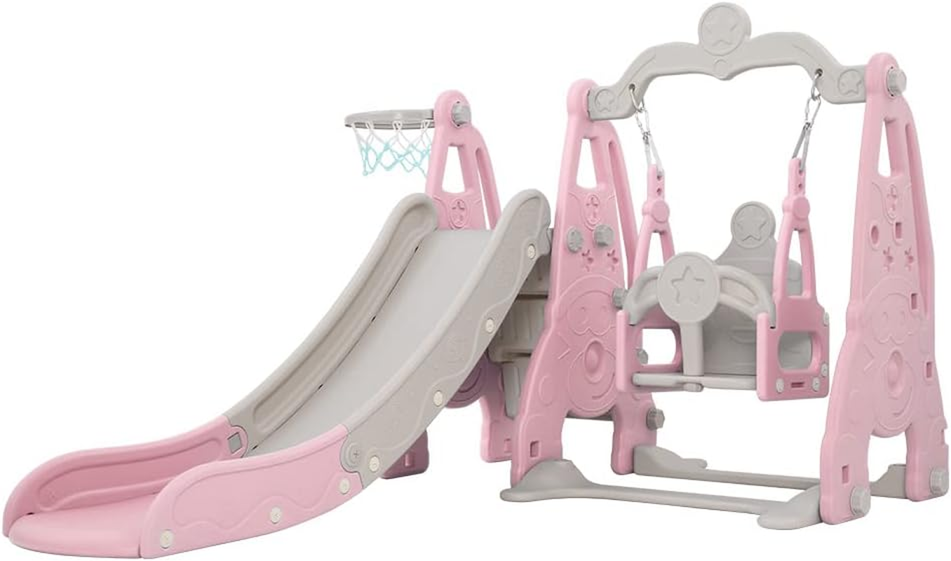 Keezi Kids Slide Swing Set with Basketball Hoop, 3 in 1 Climbing Frame Cubby House Toddler Fold up Cardboard Slides Playground Outdoor Indoor Activity Sports Center Gym, Ball Pump Pink
