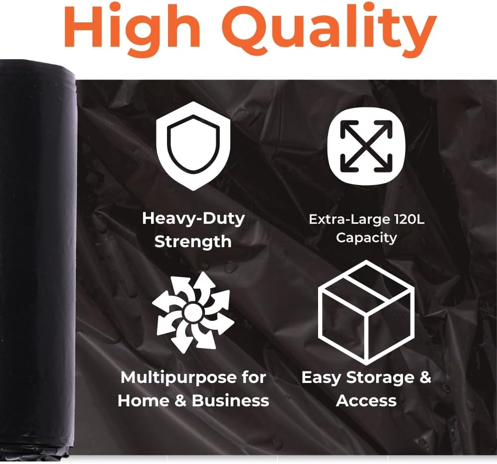 Pacific Bags Australia 120L Heavy Duty Black Bin Liners &ndash; Extra Large Garbage Bags for Home, Kitchen, and Outdoor Waste Disposal, 150 Bags per Carton (1 Carton) image number 5