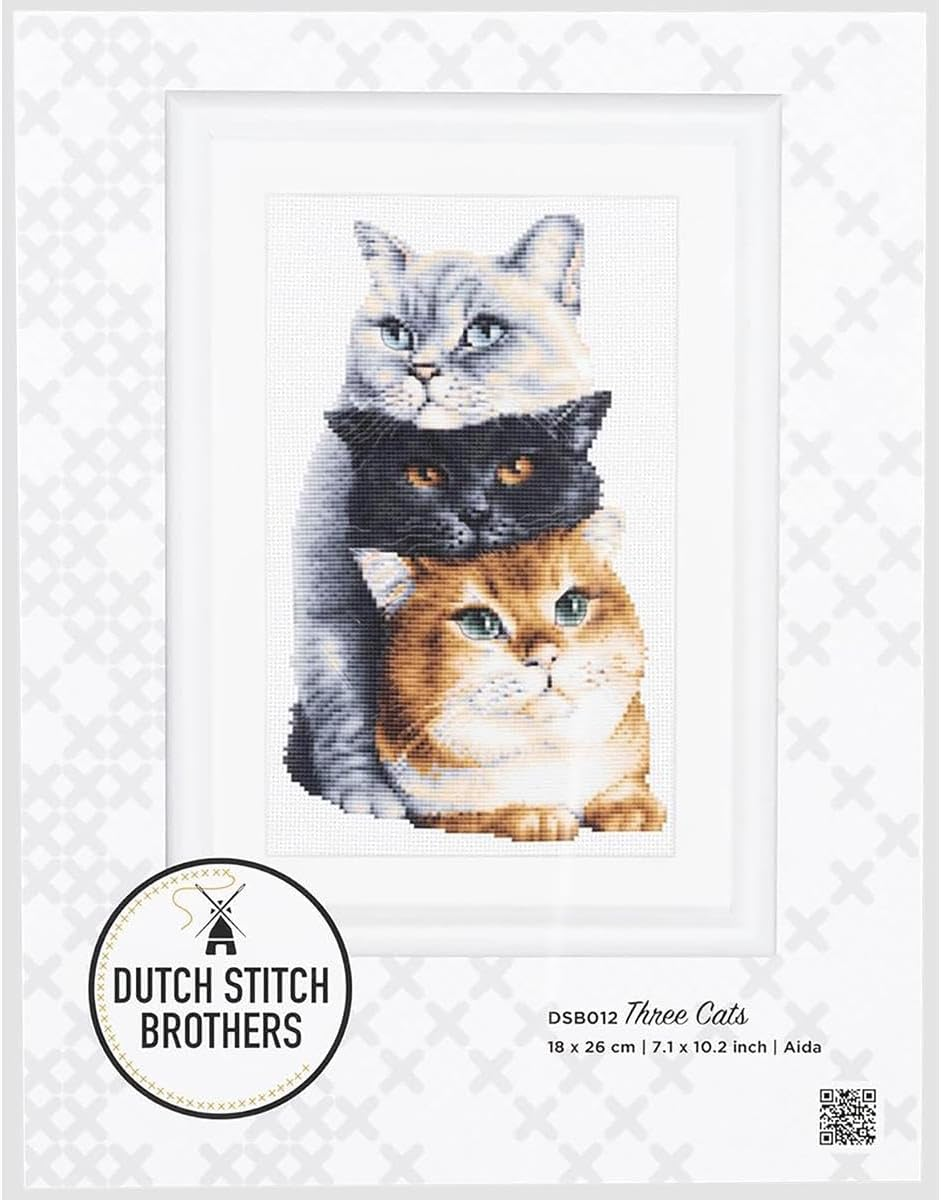 Dutch Stitch Brothers - Counted Cross Stitch Kit - DSB012A - Three Cats - White Aida - 10.2 X 7.1 Inch - Embroidery Kit for Adults - Black,Blue image number 3