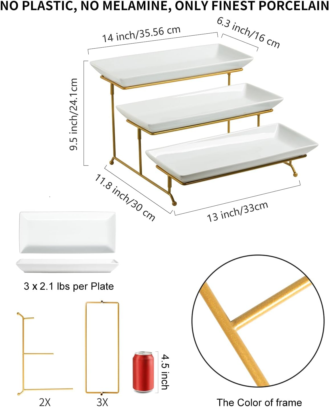 Large 3 Tier Serving Stand Tiered Serving Trays Collapsible Sturdier Rack with 3 Porcelain Serving Platters for Fruit Dessert Presentation Party Display Set, 14 Inch image number 5