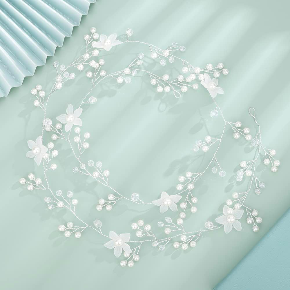 Teyglen Bride Wedding Flower Pearls Long Hair Vine Silver Rhinestone Crystal Beads Hair Vine Headband Handmade Bridal Headpieces Hair Pieces Wedding Hair Accessories Hair Jewelry for Women Girls