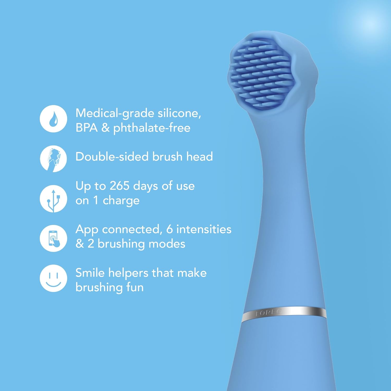 FOREO Issa 4 Baby &ndash; Silicone Sonic Electric Toothbrush Bundle for Babies, 2-Sided Bristles, Fun Smile Feature, Gum Massage, 12 Months of Care with Extra Brush Head, 240 Days Battery, Travel-Friendly - Bubble Blue image number 2